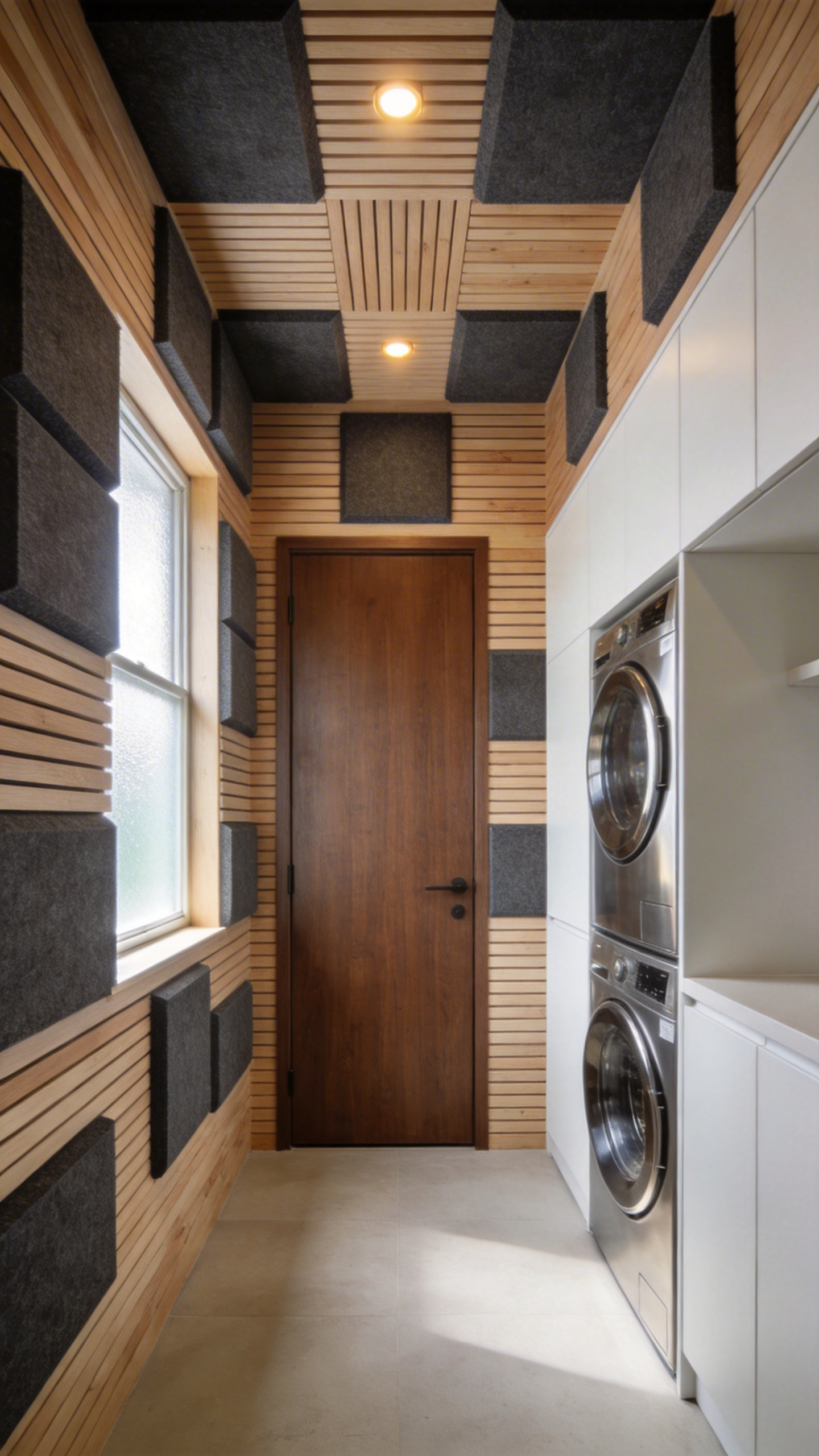 A modern laundry room featuring stylish grey acoustic wall panels and a solid wood door designed to reduce machine noise and vibration.