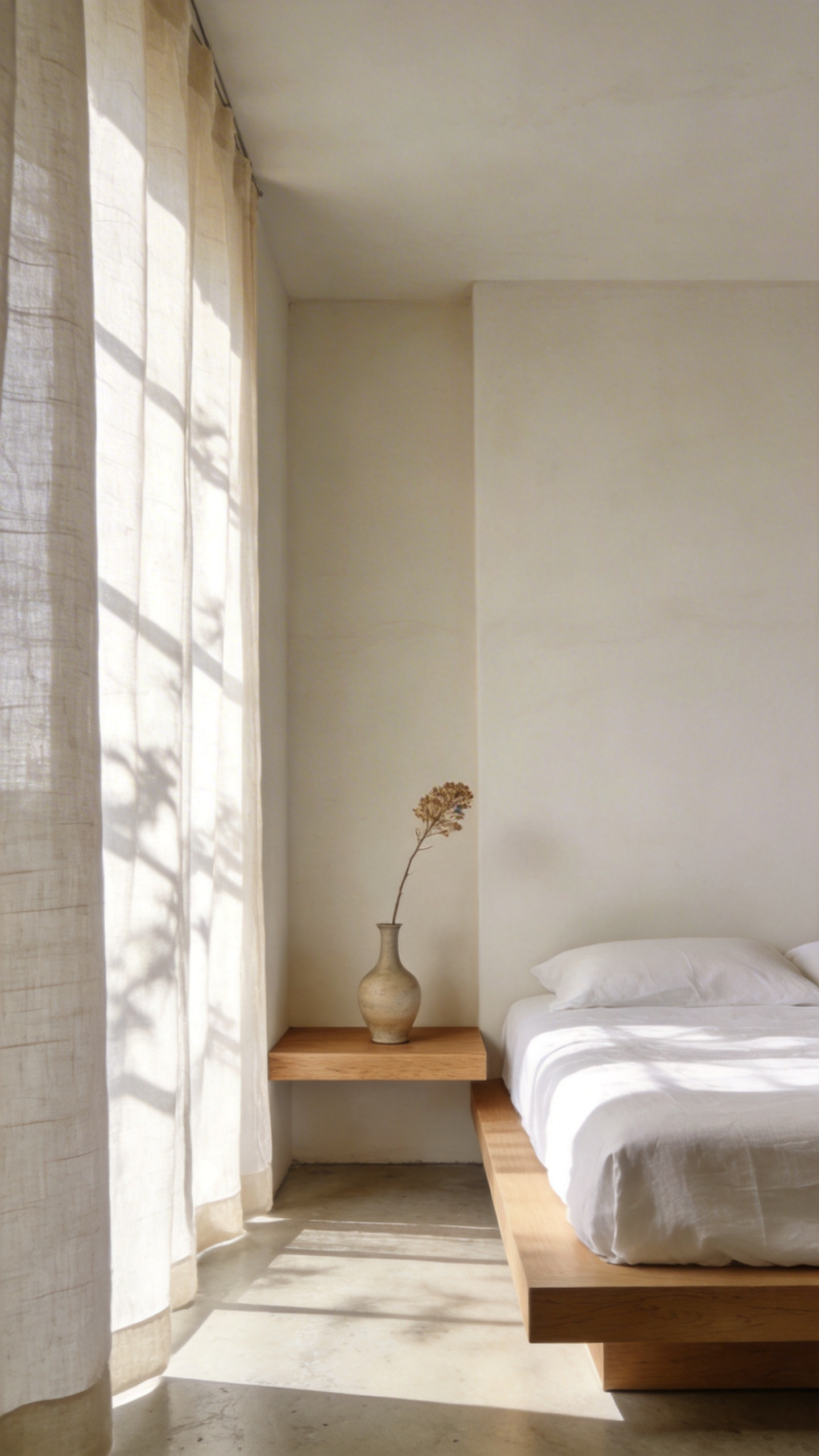 A minimalist small bedroom with a low platform bed and significant empty wall space to demonstrate strategic negative space in decor.