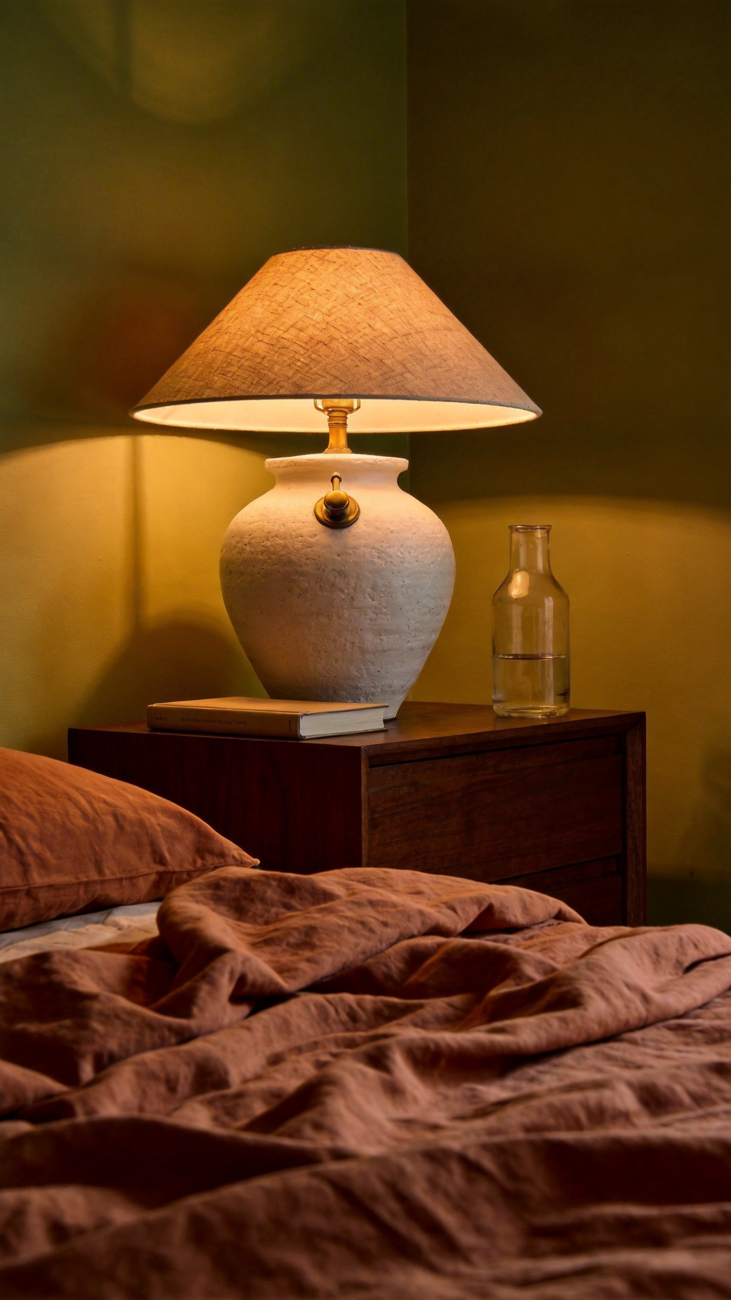 A minimalist bedroom scene showing a textured ceramic lamp with a brass toggle switch on a wooden nightstand to promote a tech-free environment.