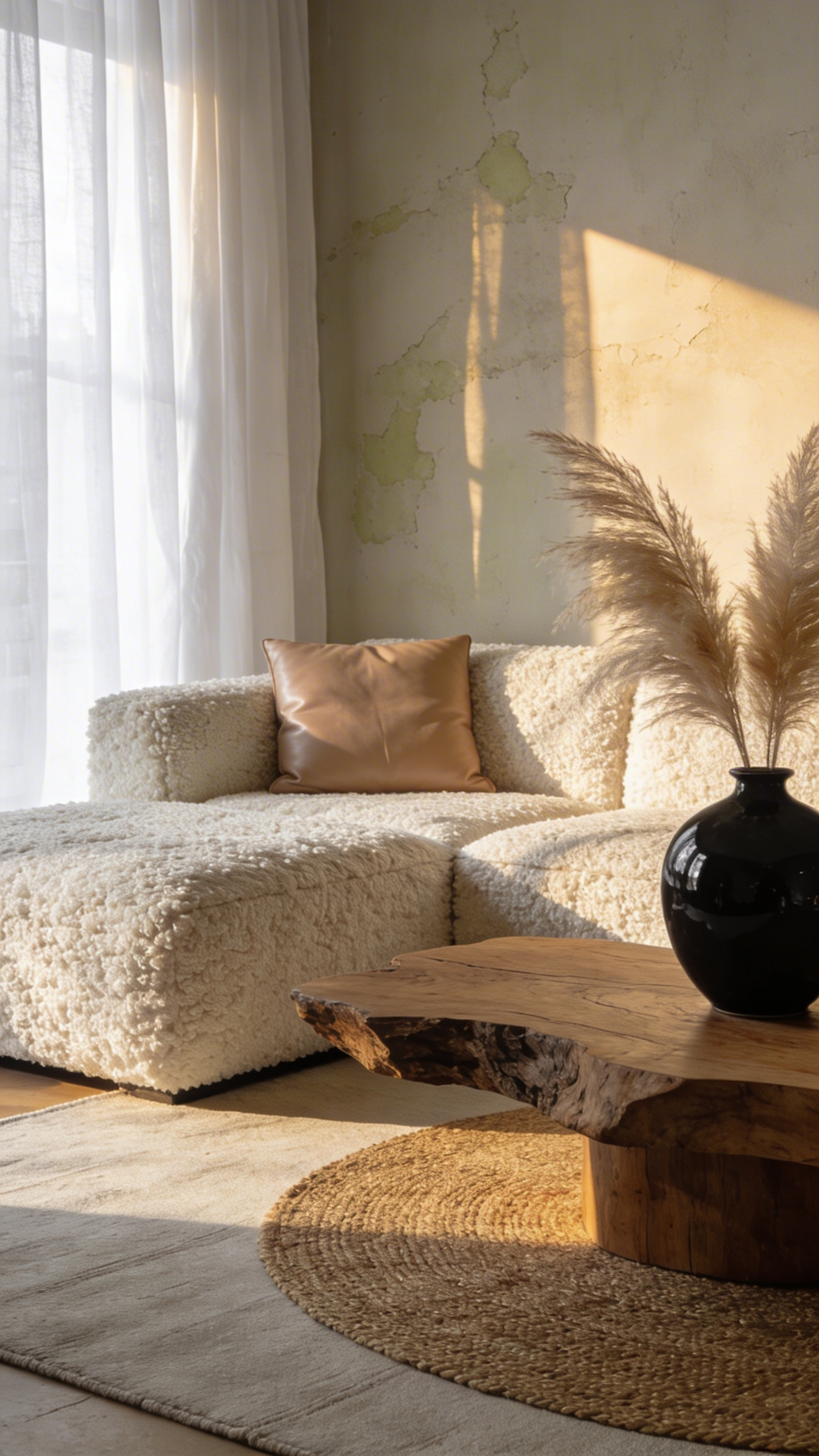 A contemporary living room design showcasing visual tension by placing a rough boucle sofa and a raw wood table next to smooth leather and polished brass elements, perfect for evolving living room styling ideas.