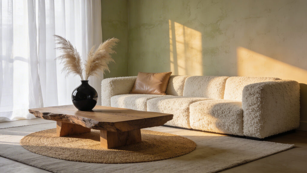 A contemporary living room design showcasing visual tension by placing a rough boucle sofa and a raw wood table next to smooth leather and polished brass elements, perfect for evolving living room styling ideas.