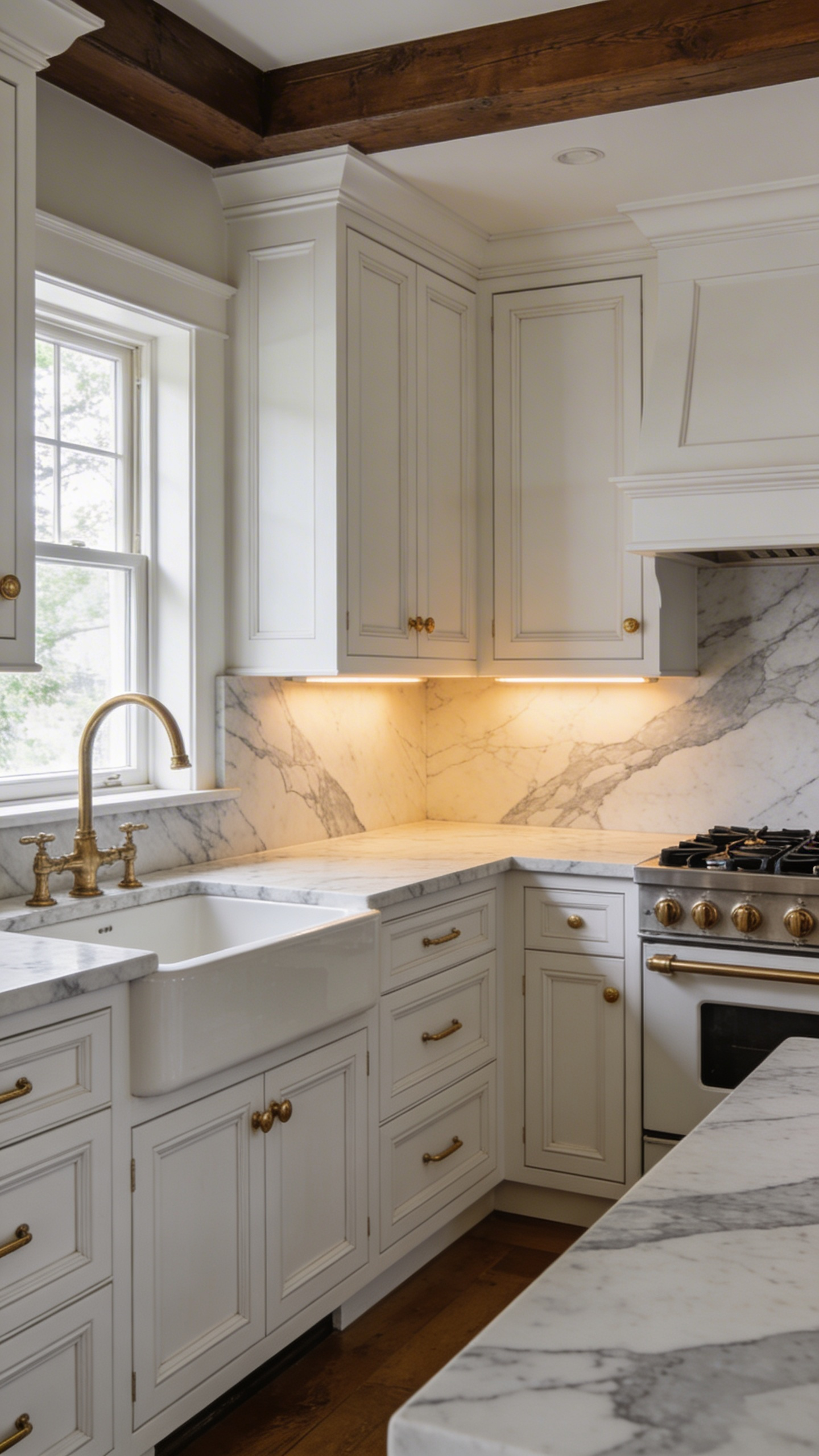 A full view of a traditional kitchen with white cabinetry and a four-inch natural stone backsplash made of Carrara marble.