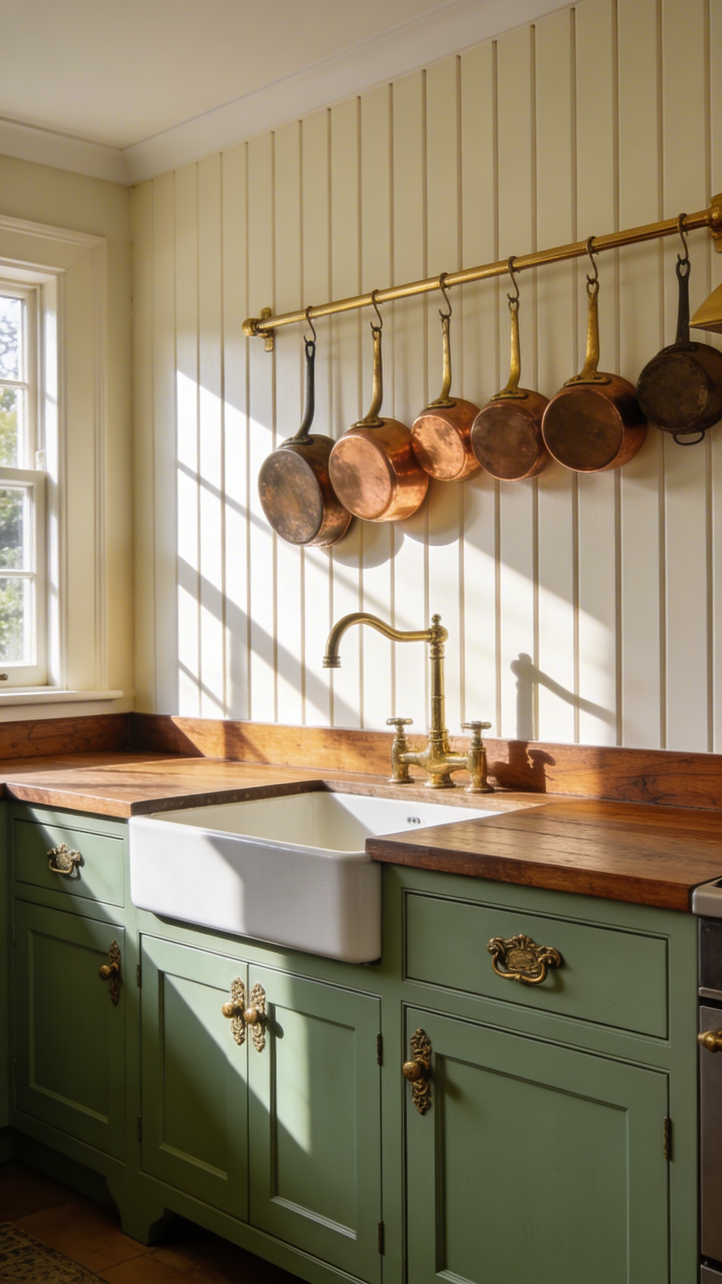 A traditional kitchen with a cream-colored beadboard paneling backsplash, wooden countertops, and sage green cabinets in an English cottage style.