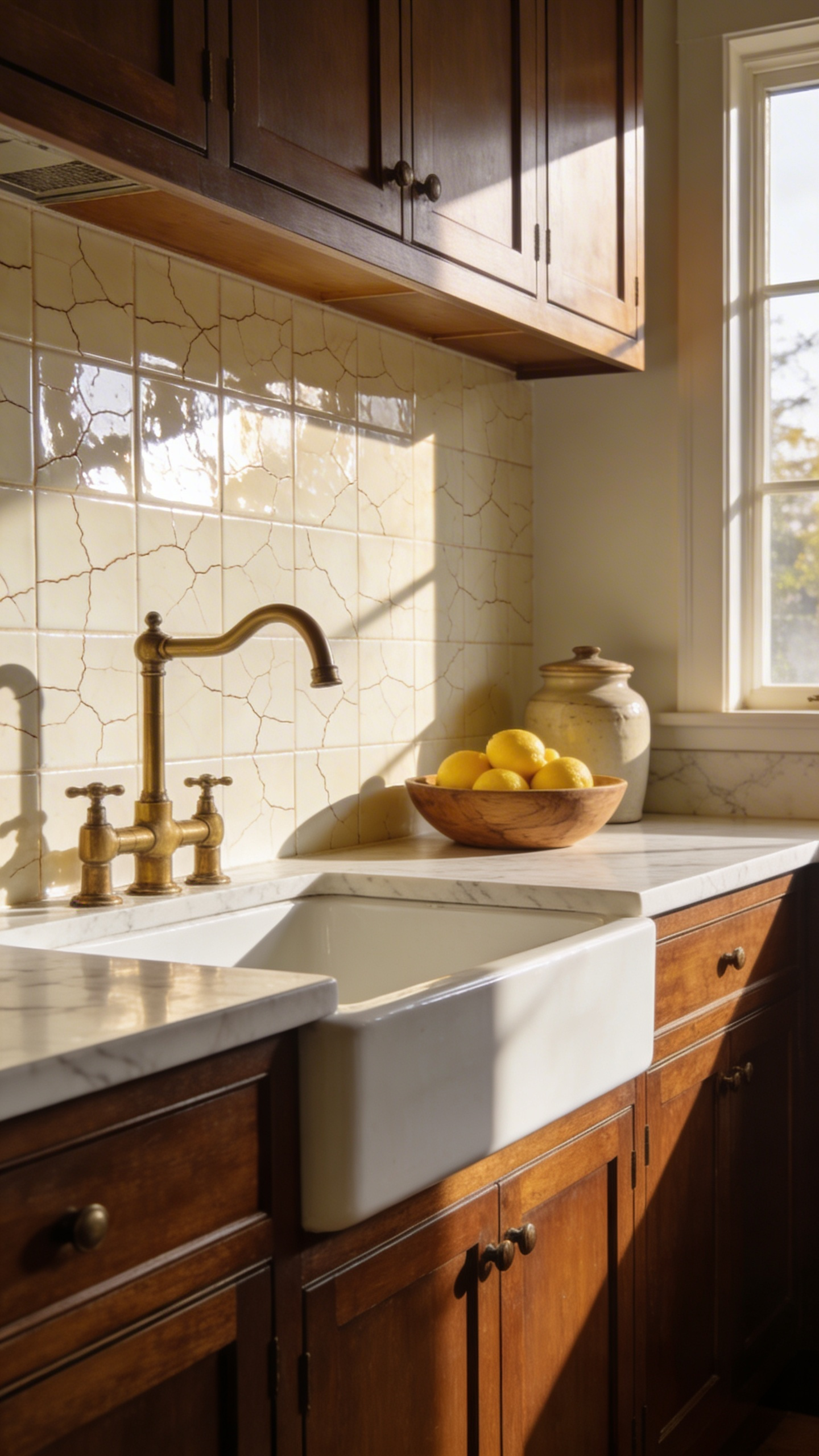 Traditional kitchen interior featuring cream-colored crackle glaze backsplash tiles, wood cabinetry, and marble countertops.