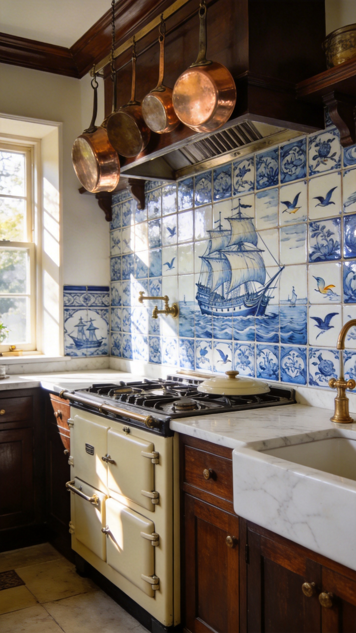 High-end traditional kitchen featuring a hand-painted blue and white Delftware tile backsplash with ship and bird motifs above a vintage stove.