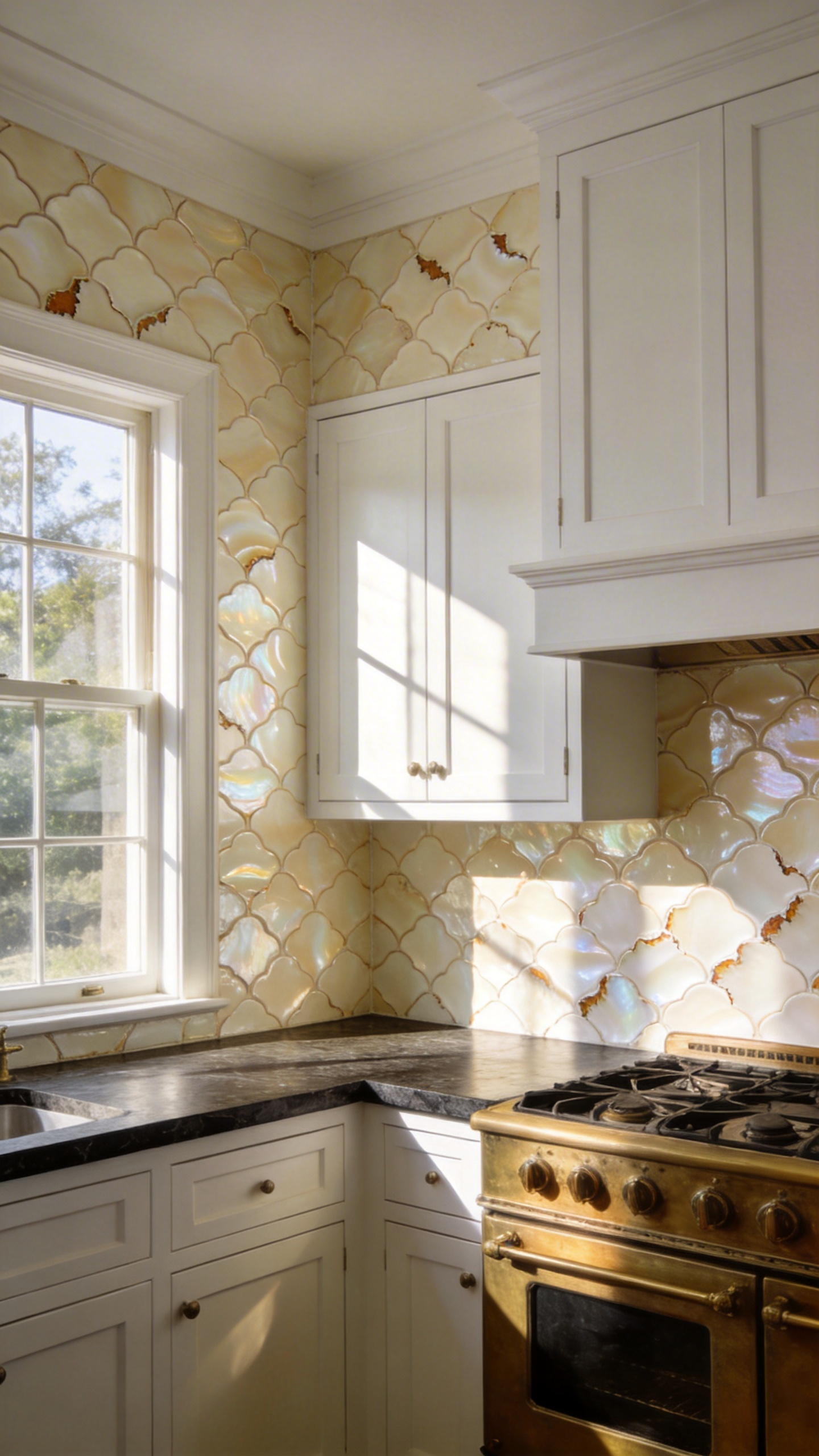 A traditional kitchen design featuring a textured Moroccan Zellige tile backsplash with irregular hand-cut edges and a glossy finish.