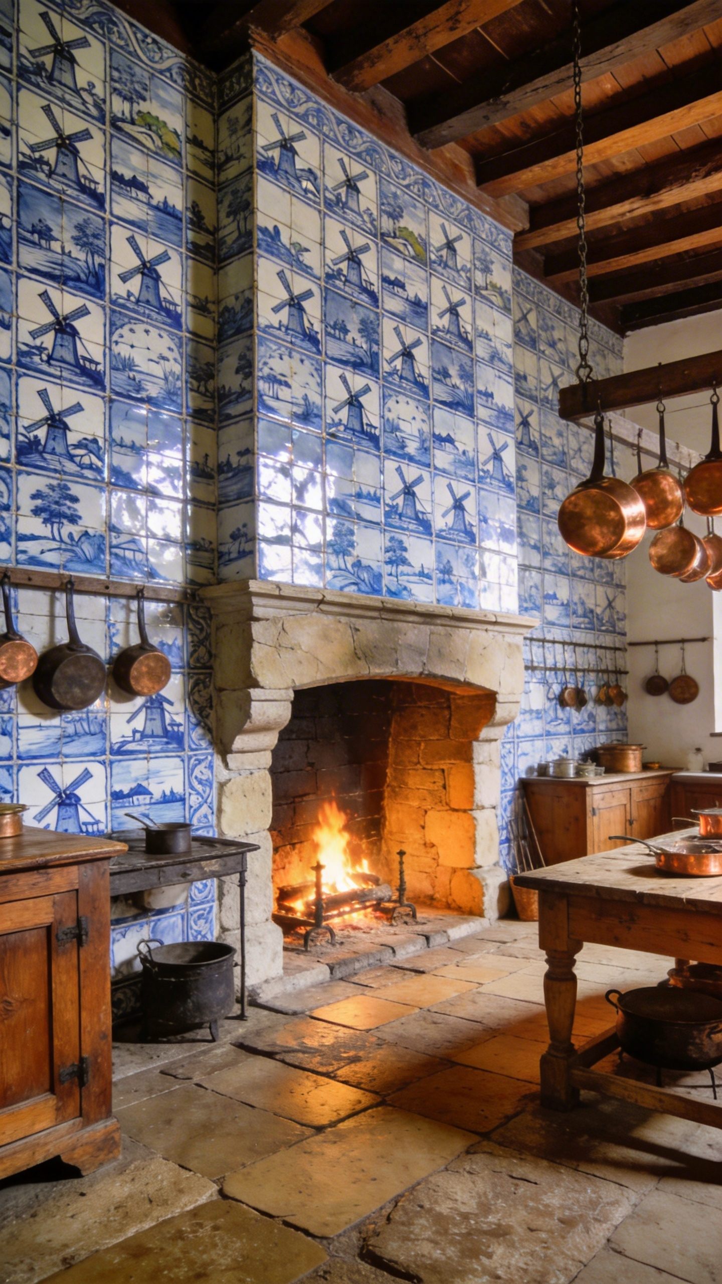 A full view of a traditional kitchen with a hand-painted Delft tile backsplash featuring windmill designs and a crackled glaze.