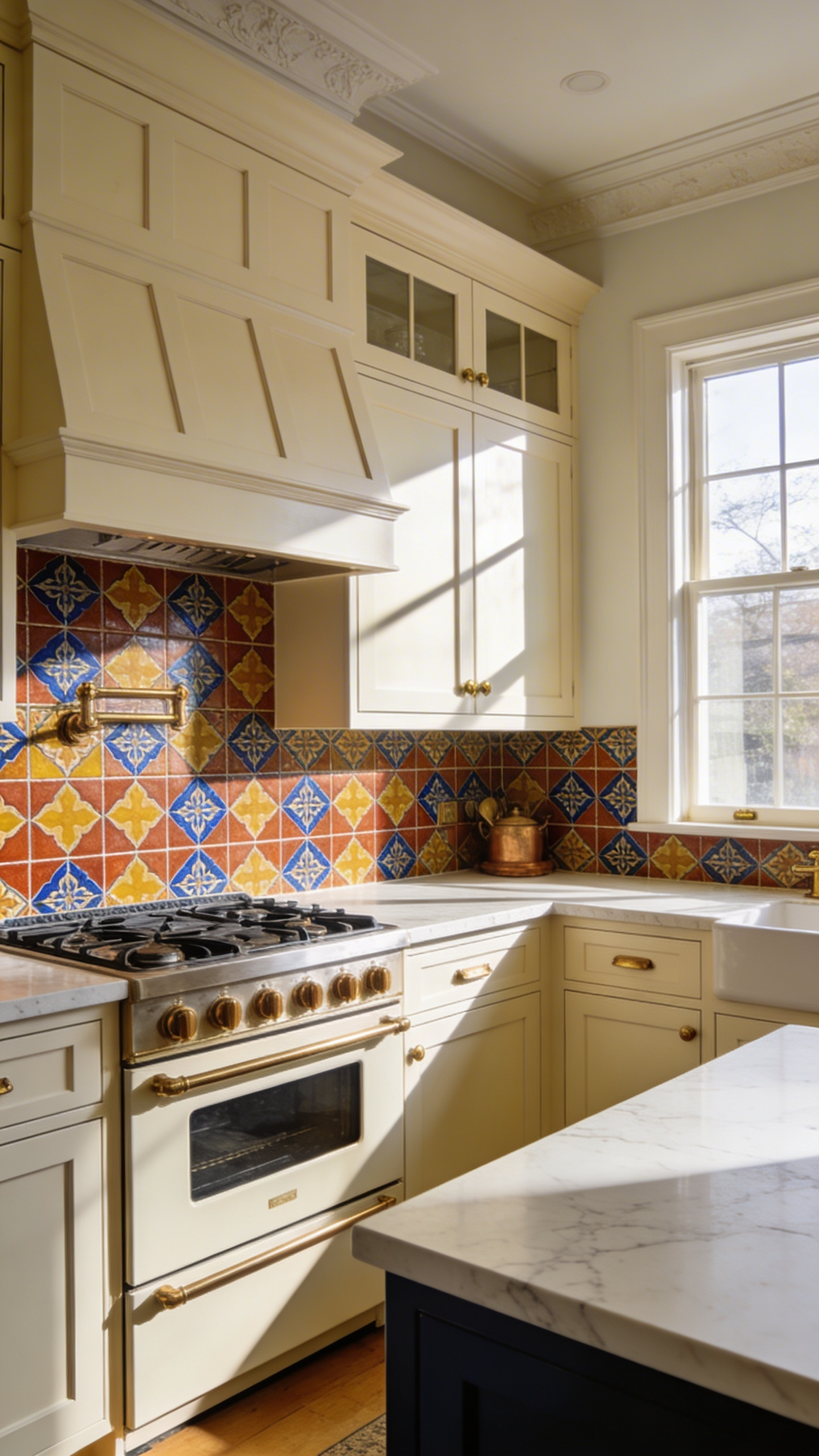 A traditional kitchen featuring a bold geometric encaustic cement tile backsplash and cream cabinets.