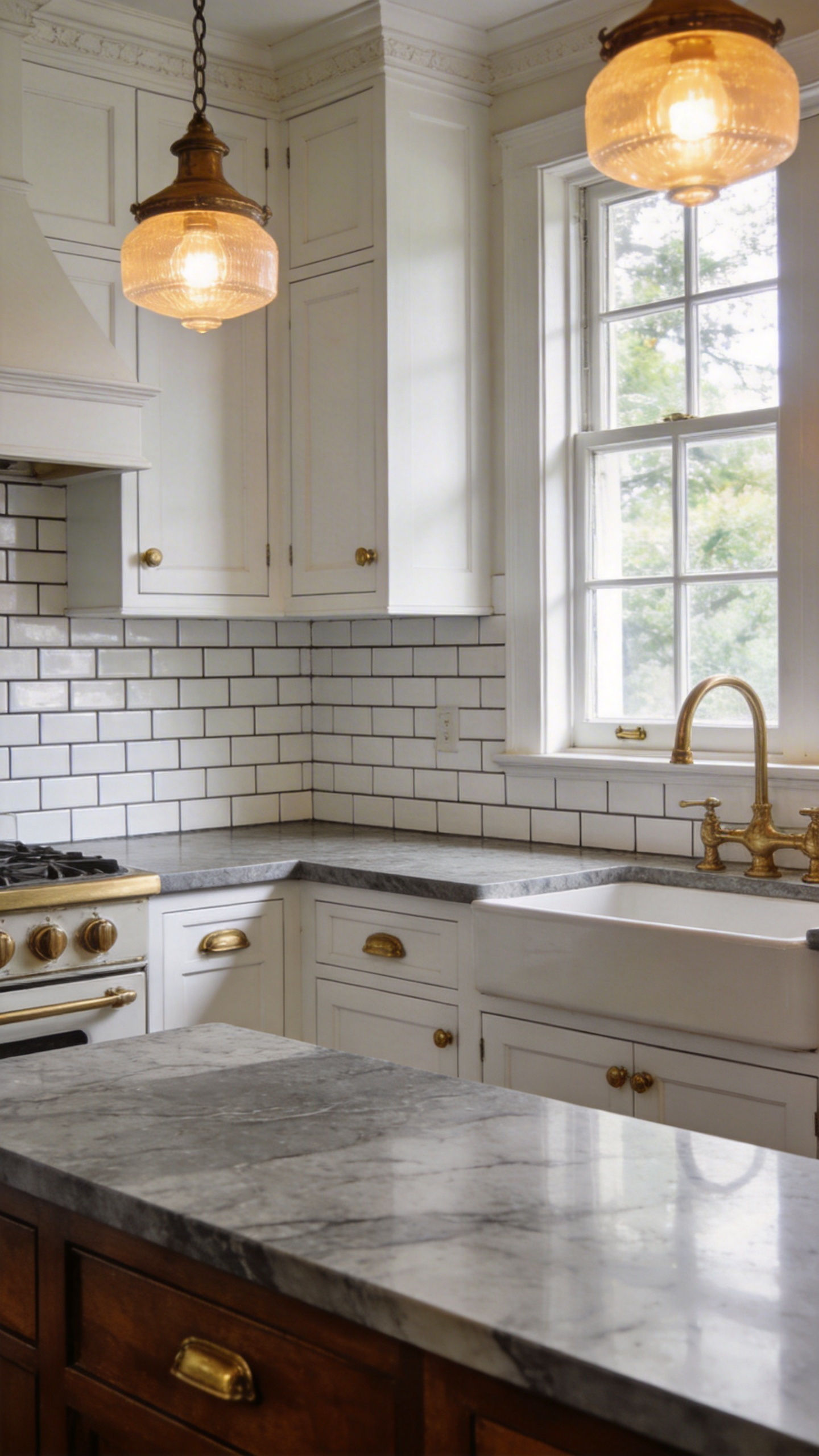A traditional kitchen featuring white subway tile backsplash with narrow period-accurate grout lines and marble counters.