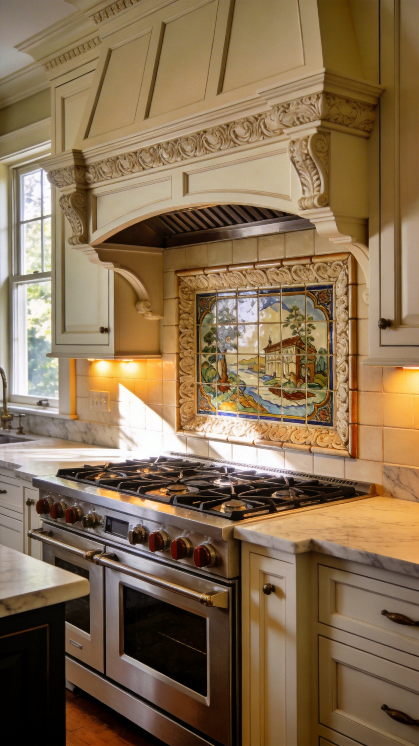 A traditional kitchen featuring a stove backsplash with a decorative tile insert framed by raised relief border trim to create a hearth-like cooking alcove.