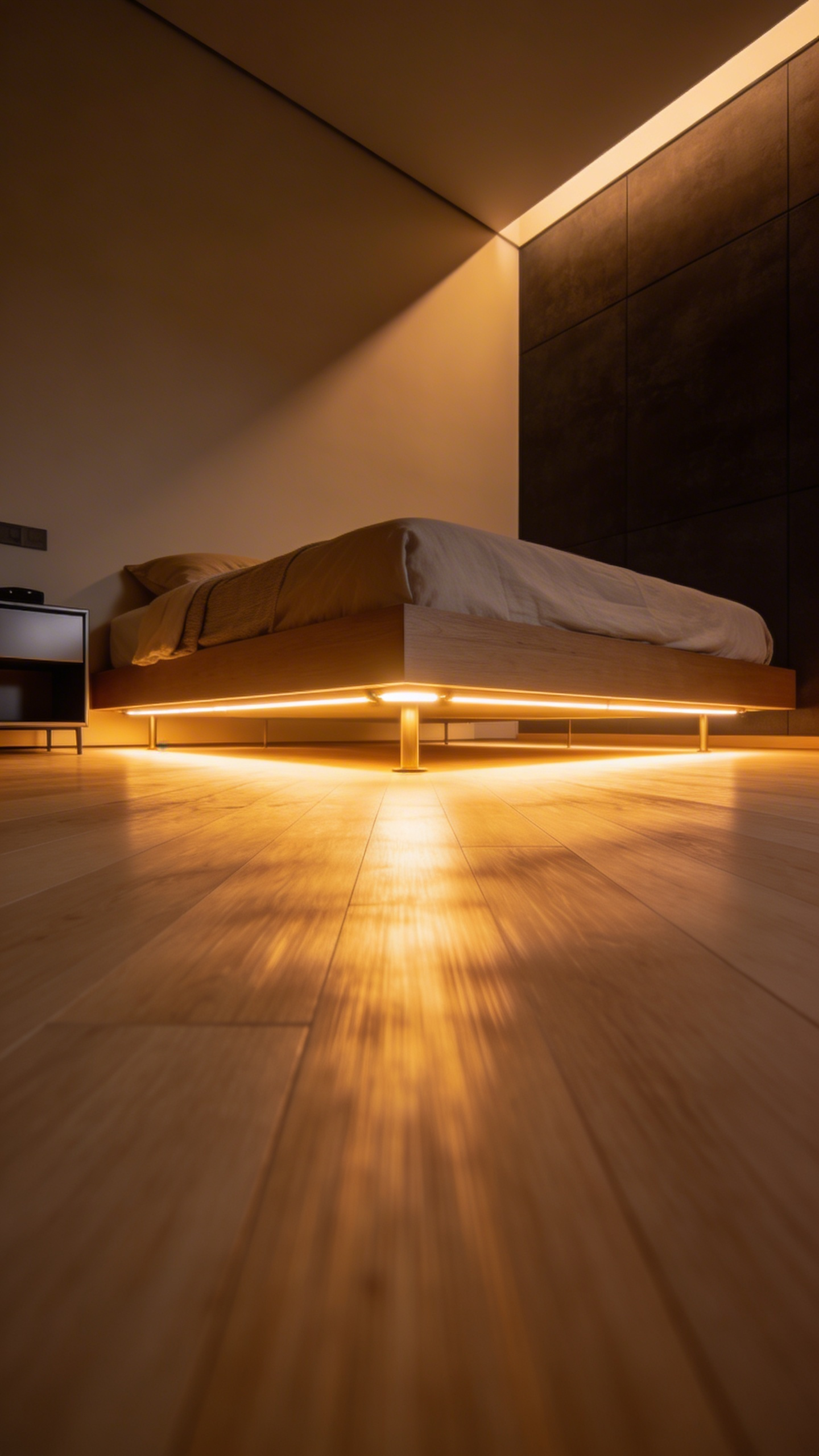 Warm amber LED lighting strips glowing from underneath a modern platform bed in a dark bedroom.