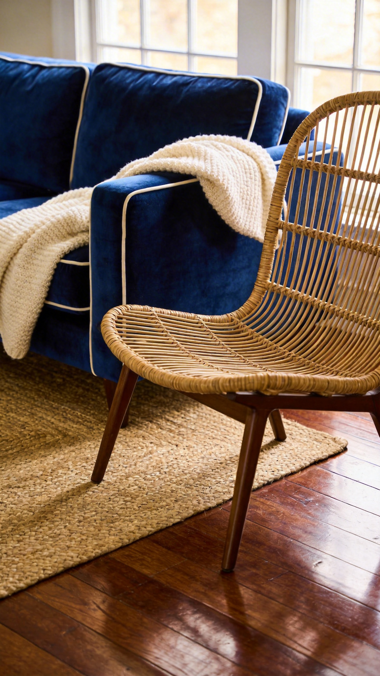A sophisticated living room styling idea showing the Texture Contrast Theory, featuring a plush blue velvet sofa paired with an open-weave natural rattan accent chair.