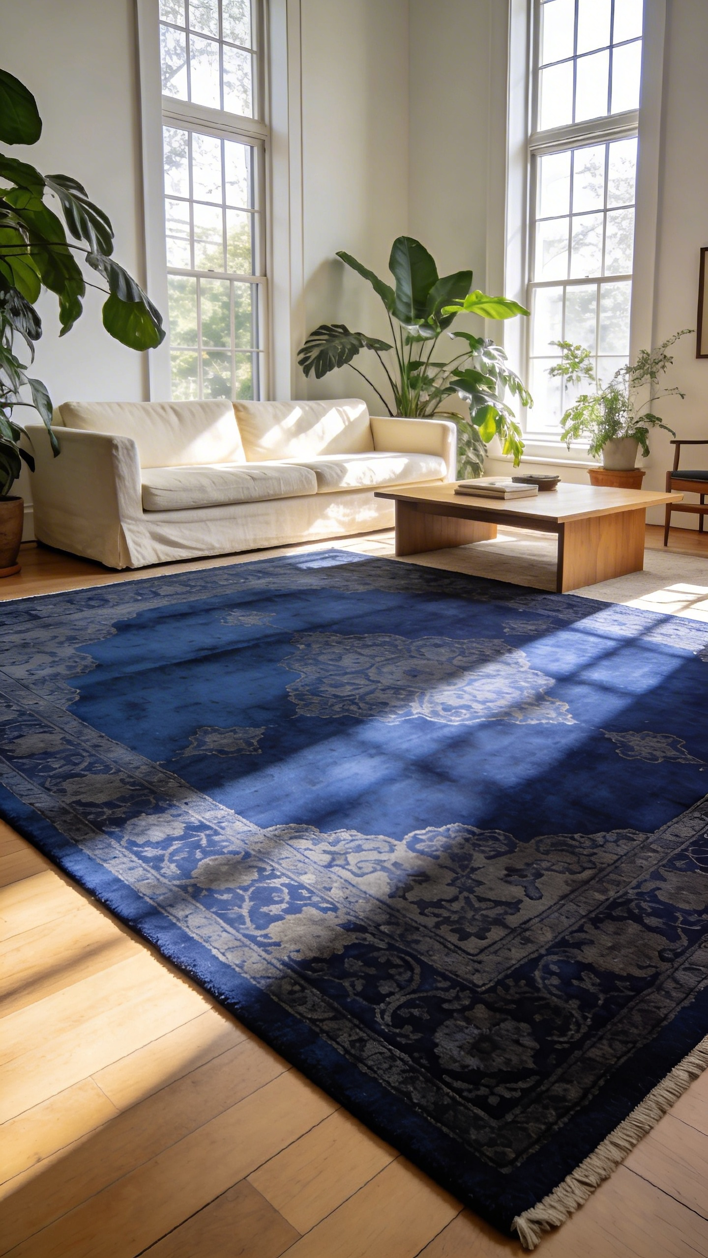 A large sapphire blue vintage overdyed rug with a subtle floral pattern under a saturated color layer in a bright living room.