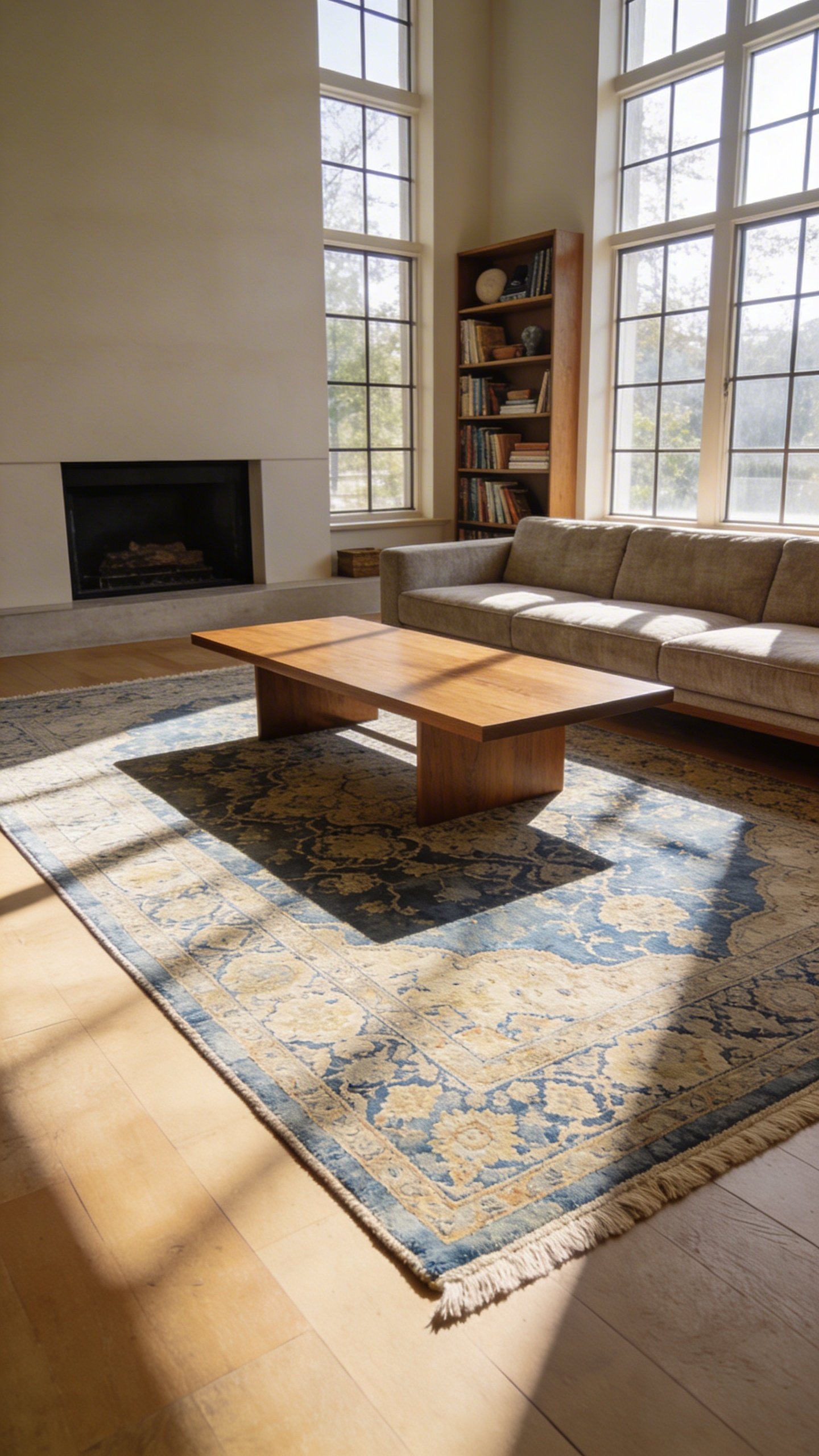 A luxury living room featuring a vintage-style washable performance rug that combines durability with an heirloom aesthetic.
