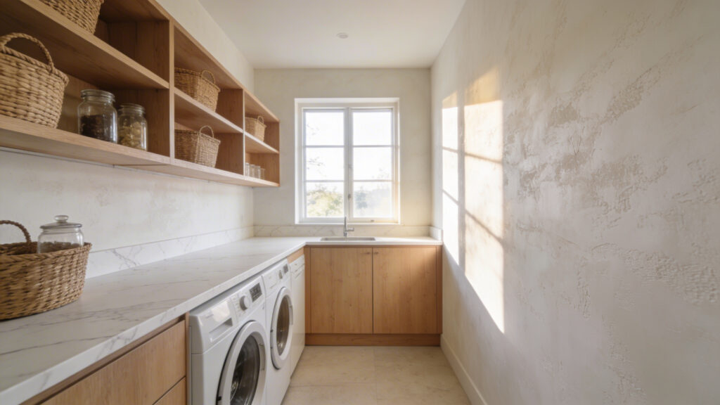 A bright and airy laundry room featuring textured limewash walls, natural oak cabinetry, and modern white appliances under a marble countertop.