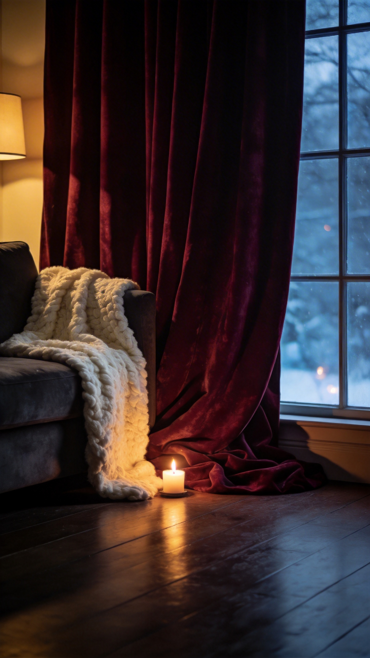 A moody photograph of a living room featuring heavy deep burgundy velvet curtains drawn against a cool winter window, contrasting warm interior lighting with the cold external light.