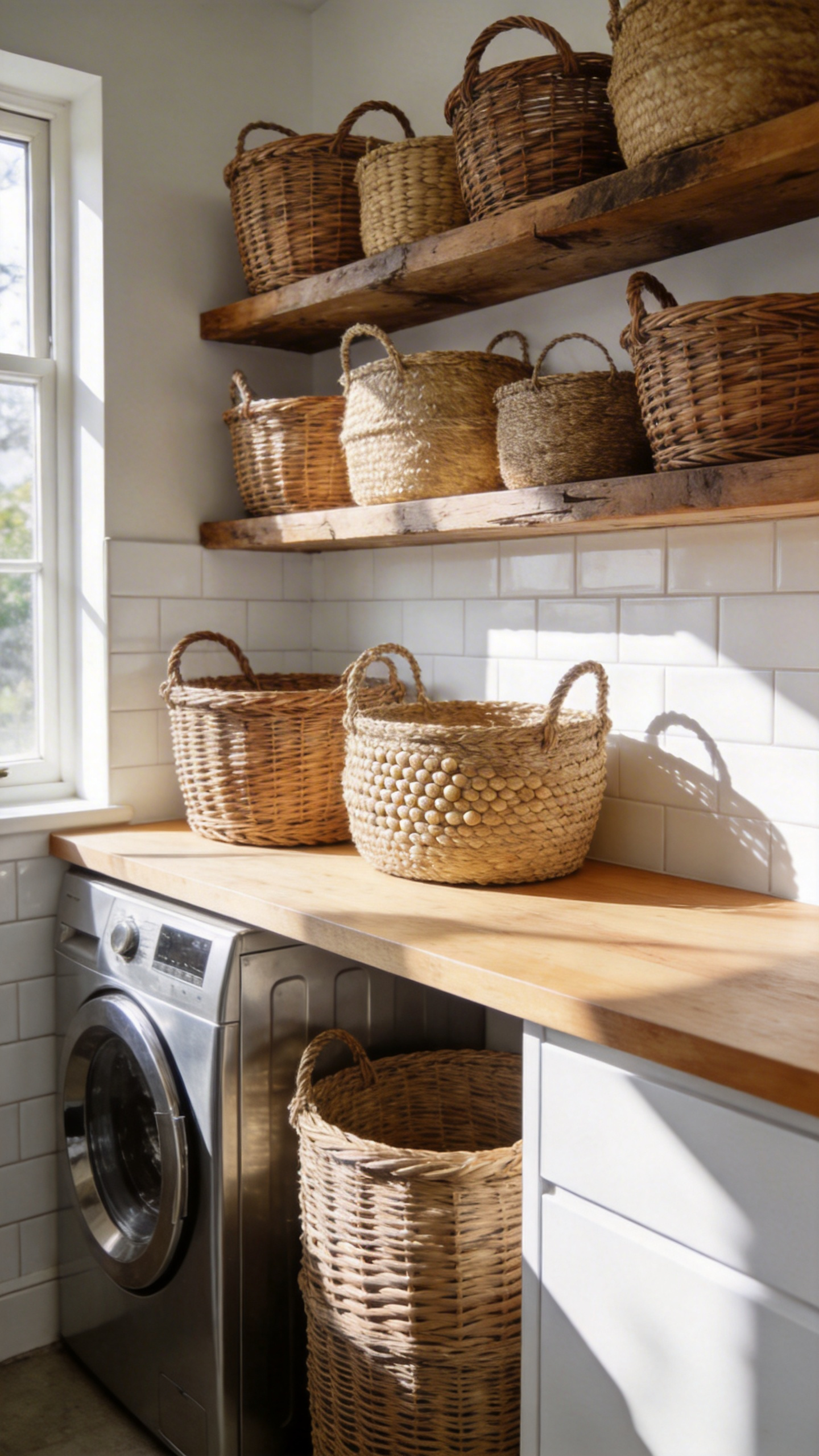 A bright and airy laundry room interior showcasing several hand-woven natural fiber baskets on wooden shelves for an organic aesthetic.