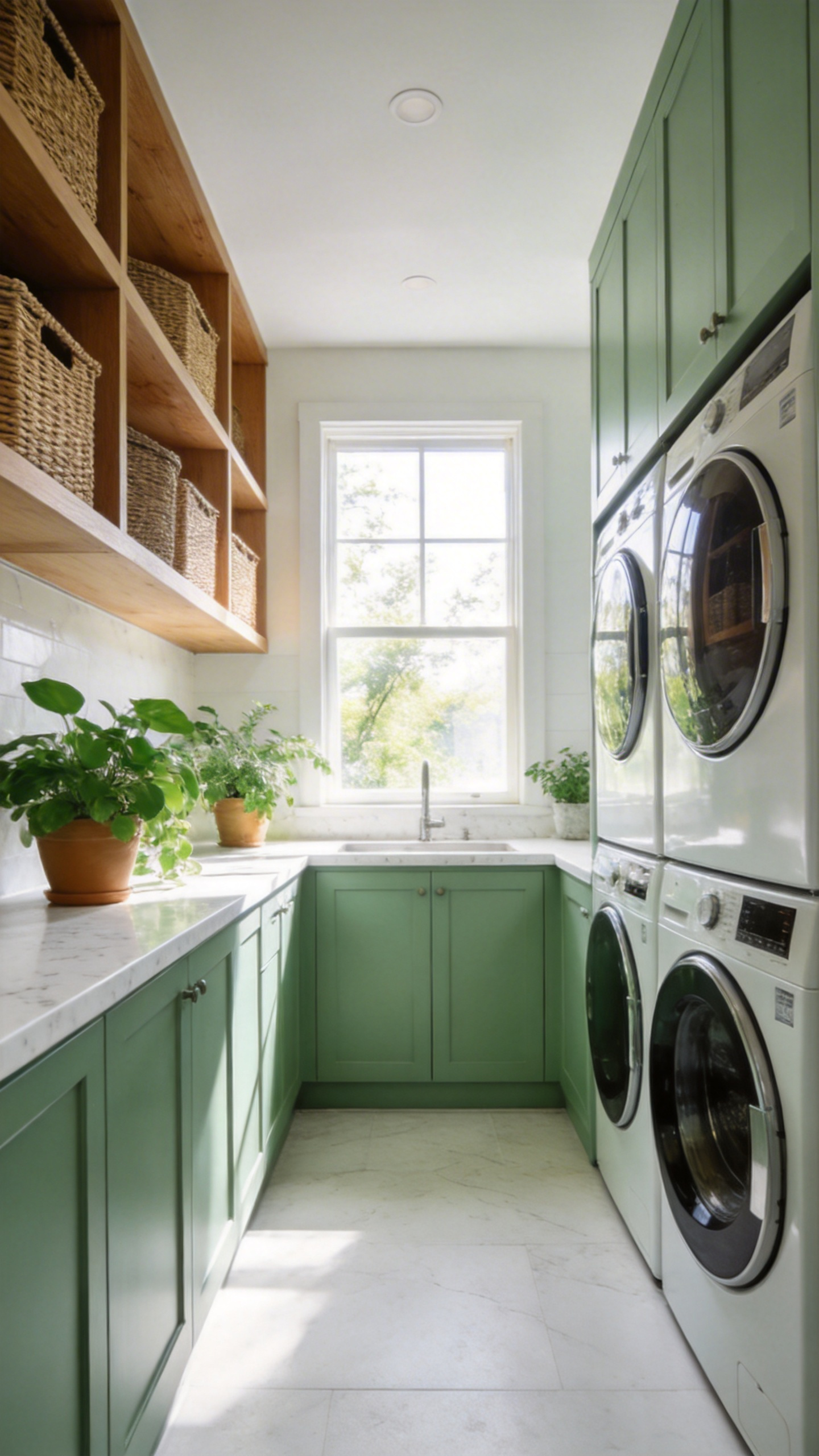 A sunlit laundry room with eco-friendly sage green cabinets, modern appliances, and healthy indoor plants for better air quality.