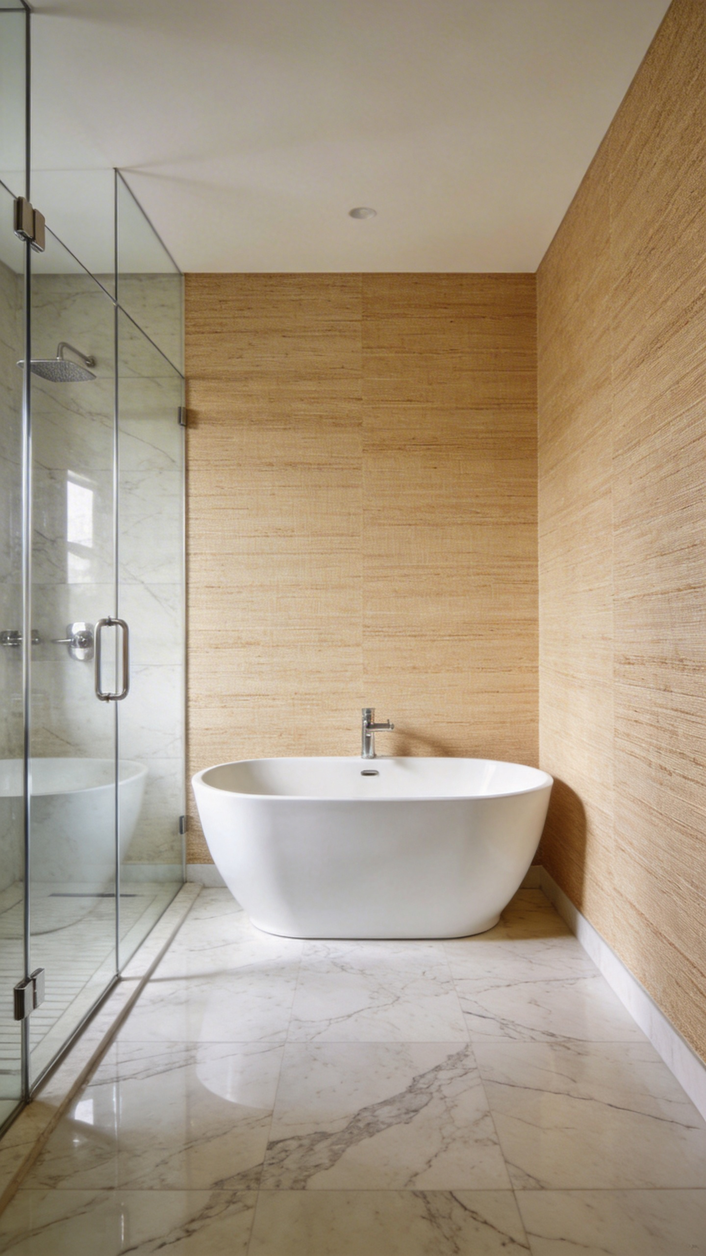 A luxurious modern bathroom featuring textured grasscloth wallpaper behind a white freestanding tub to improve acoustics and design.