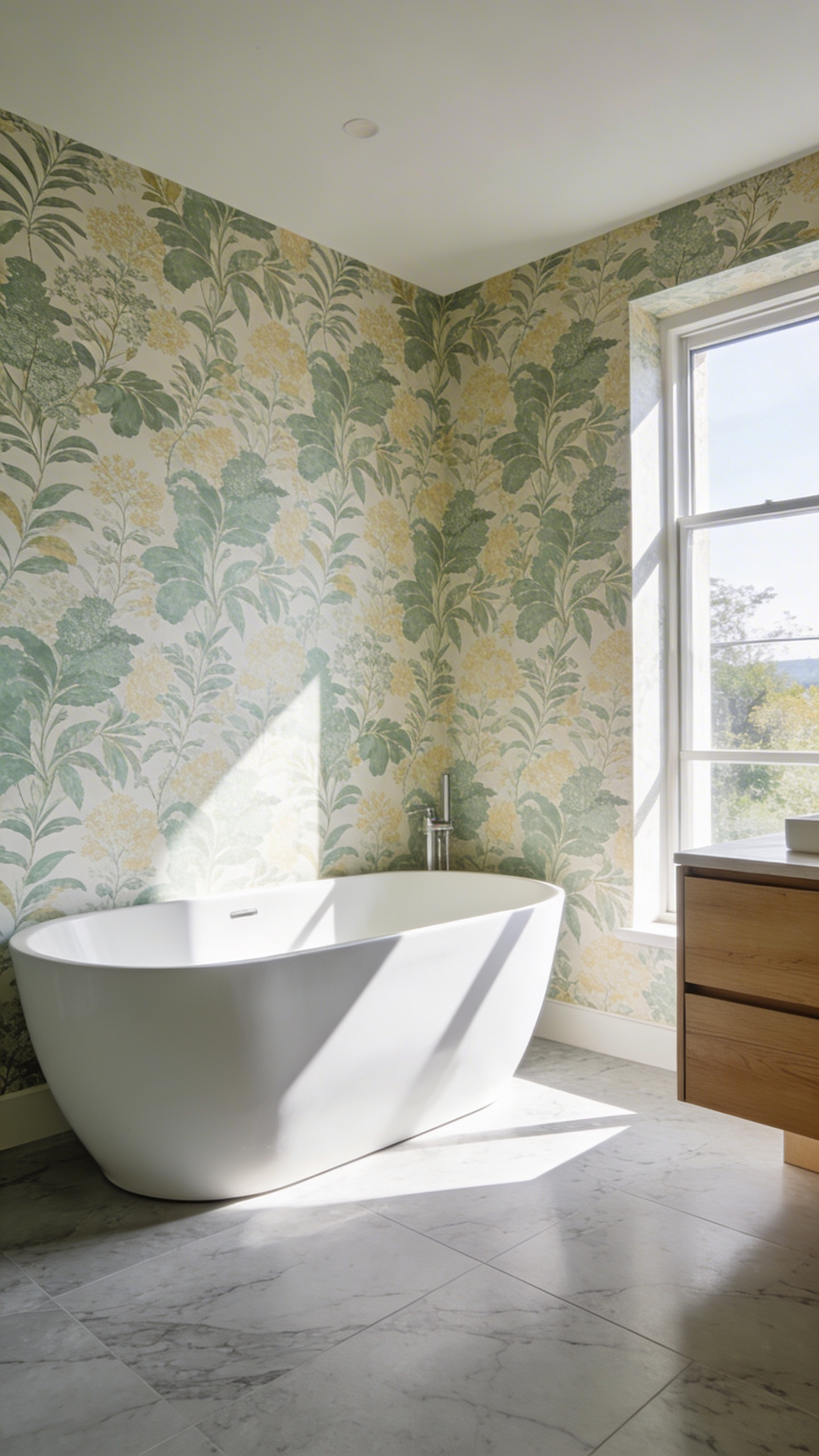 A modern luxury bathroom with eco-friendly breathable non-woven botanical wallpaper and a freestanding soaking tub.