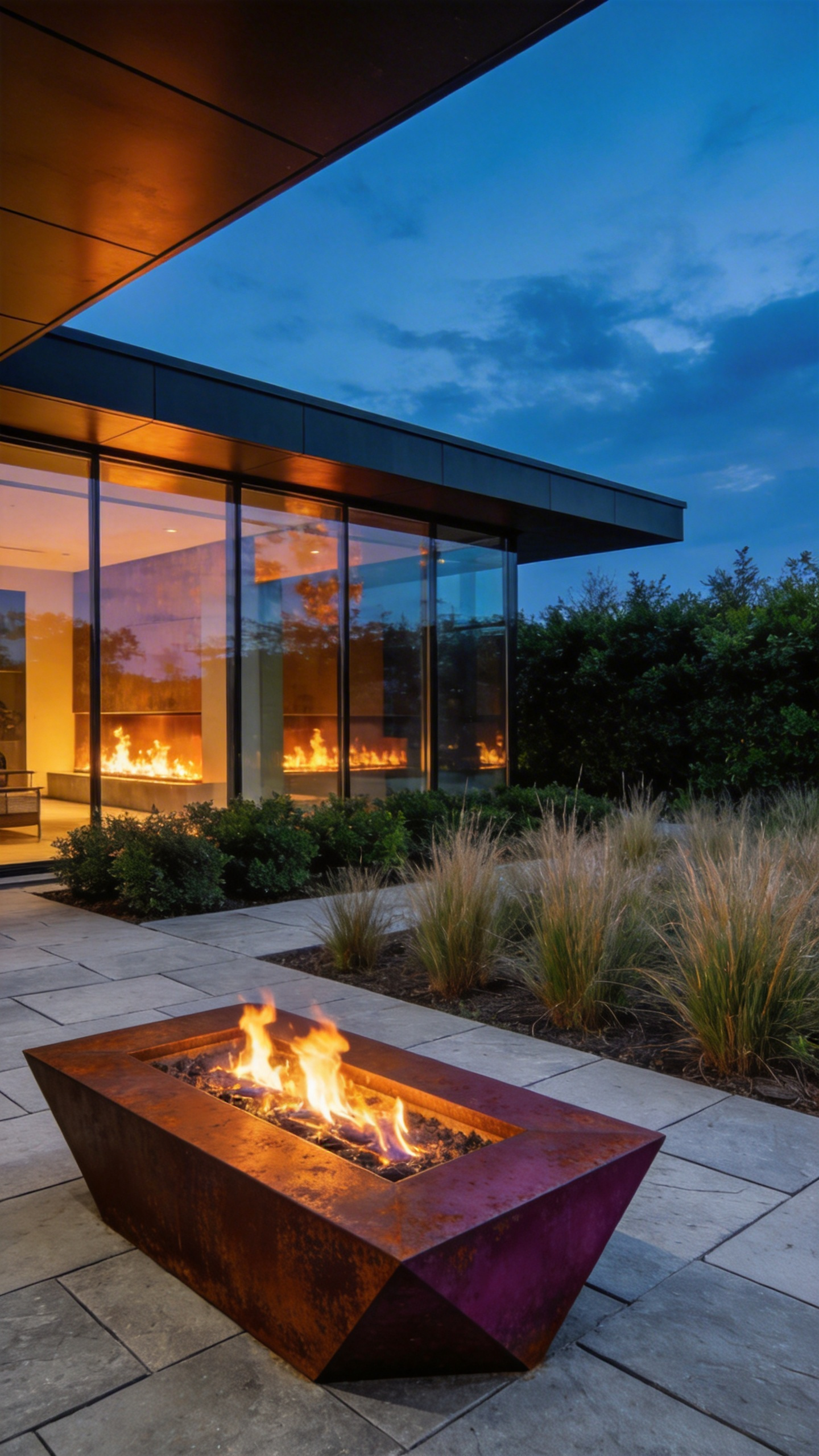 A modern architectural backyard featuring a rusted Corten steel firepit on a stone patio surrounded by lush landscaping and ambient lighting.