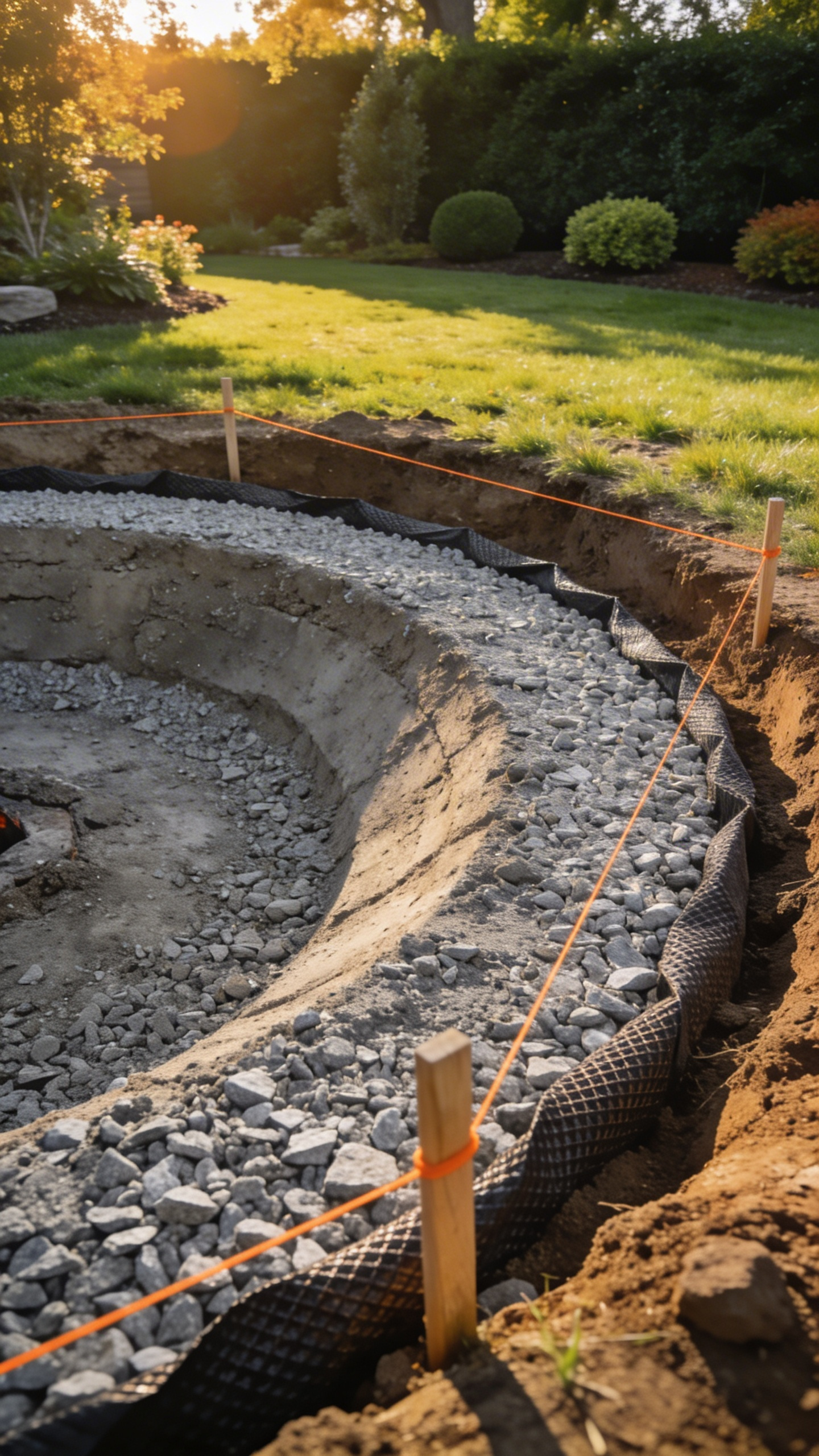 A wide shot of a backyard construction site showing the graded soil and crushed rock foundation for a new fire pit.