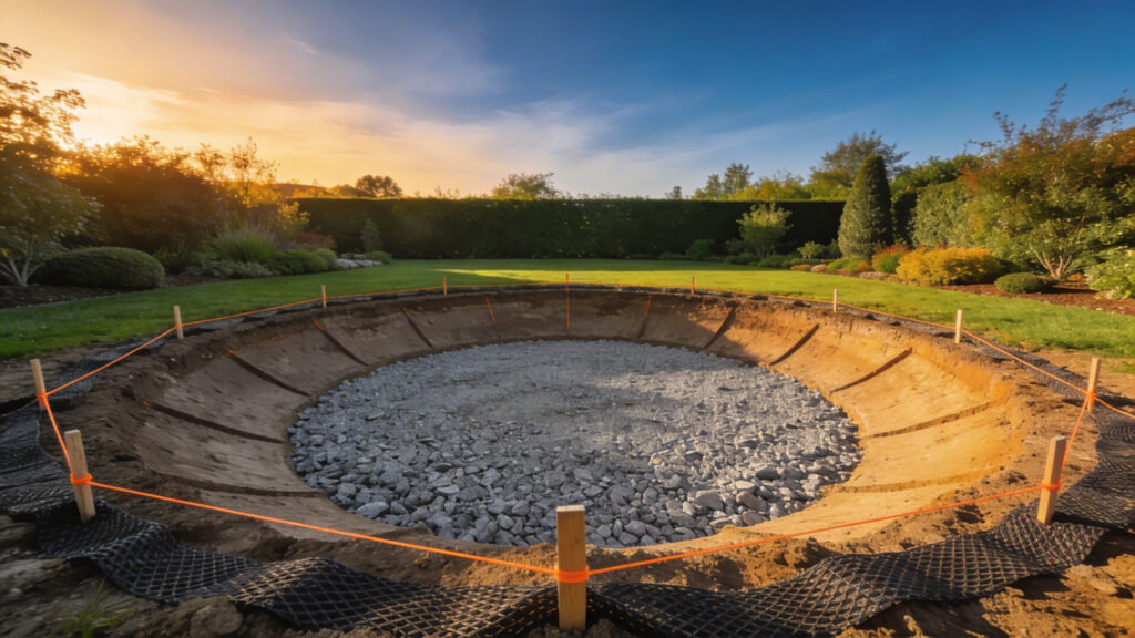 A wide shot of a backyard construction site showing the graded soil and crushed rock foundation for a new fire pit.