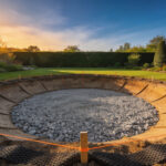 A wide shot of a backyard construction site showing the graded soil and crushed rock foundation for a new fire pit.
