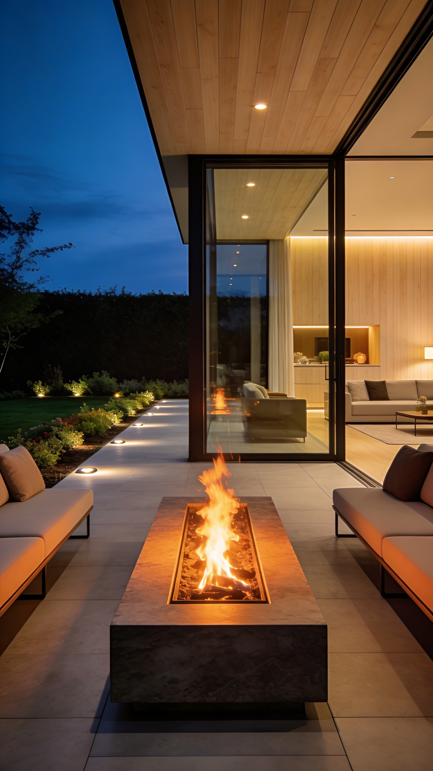 A luxury backyard fire pit design featuring a seamless transition from indoor white oak flooring to an outdoor living space at twilight.