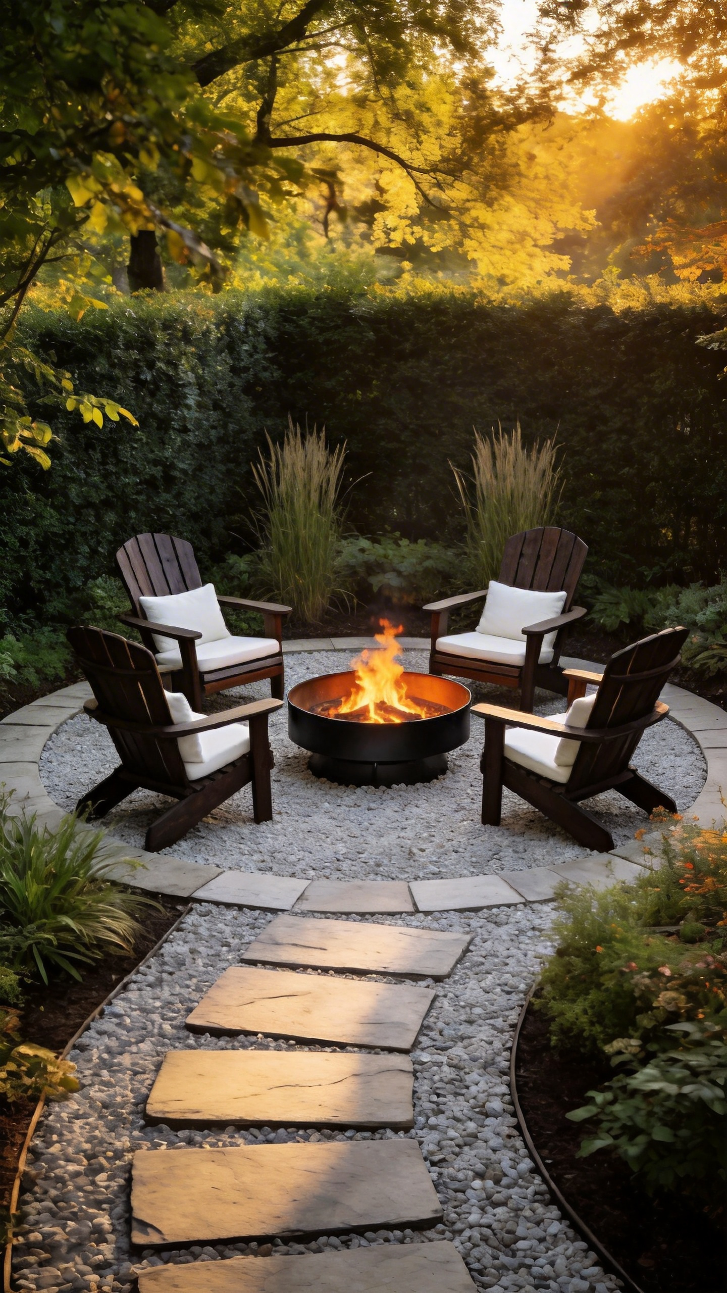 A hidden backyard firepit lounge surrounded by lush greenery and accessed by a winding stone and gravel path.