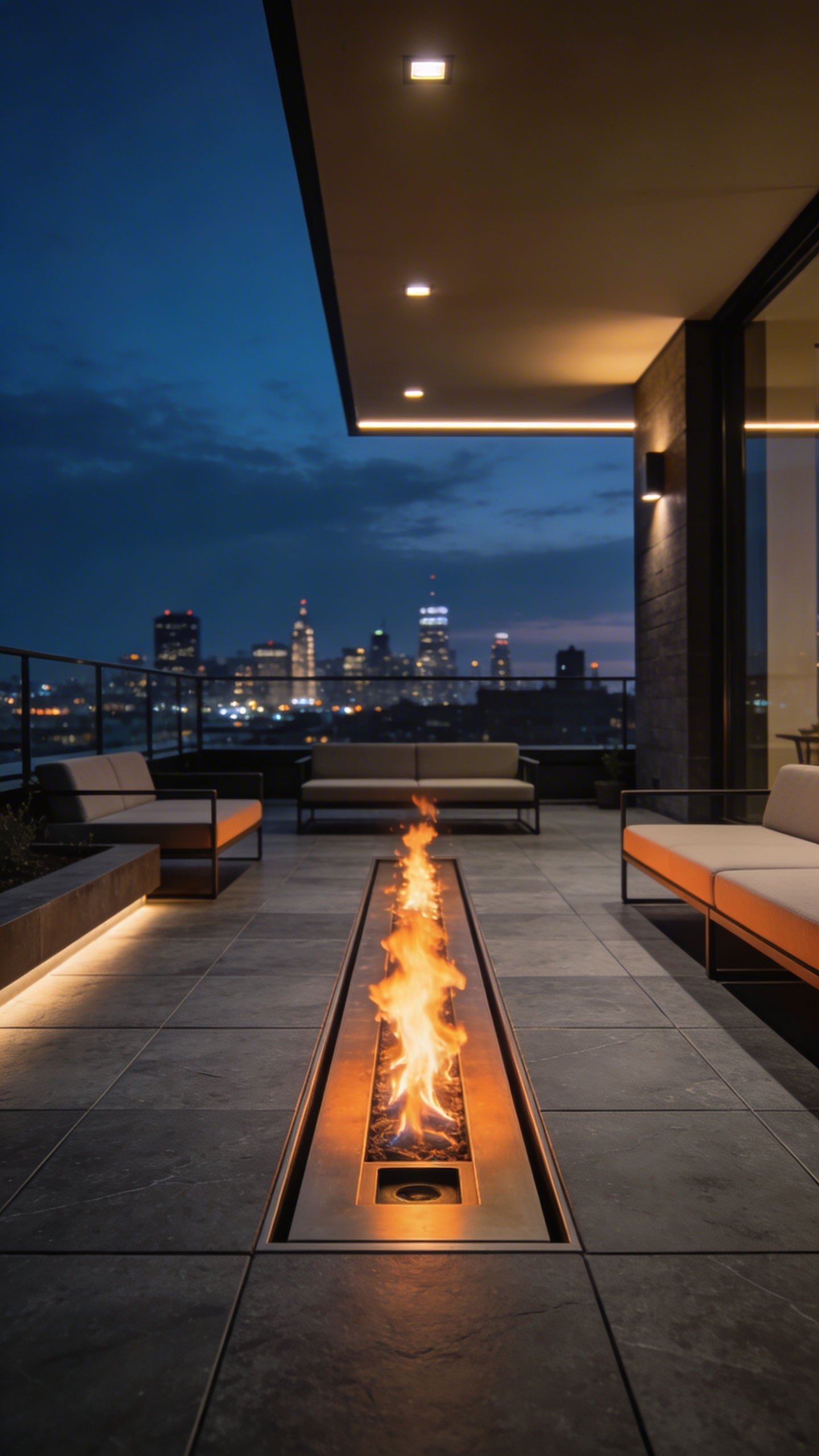 A modern urban patio featuring a linear gas fire pit recessed flush into a stone floor with flames glowing at twilight.