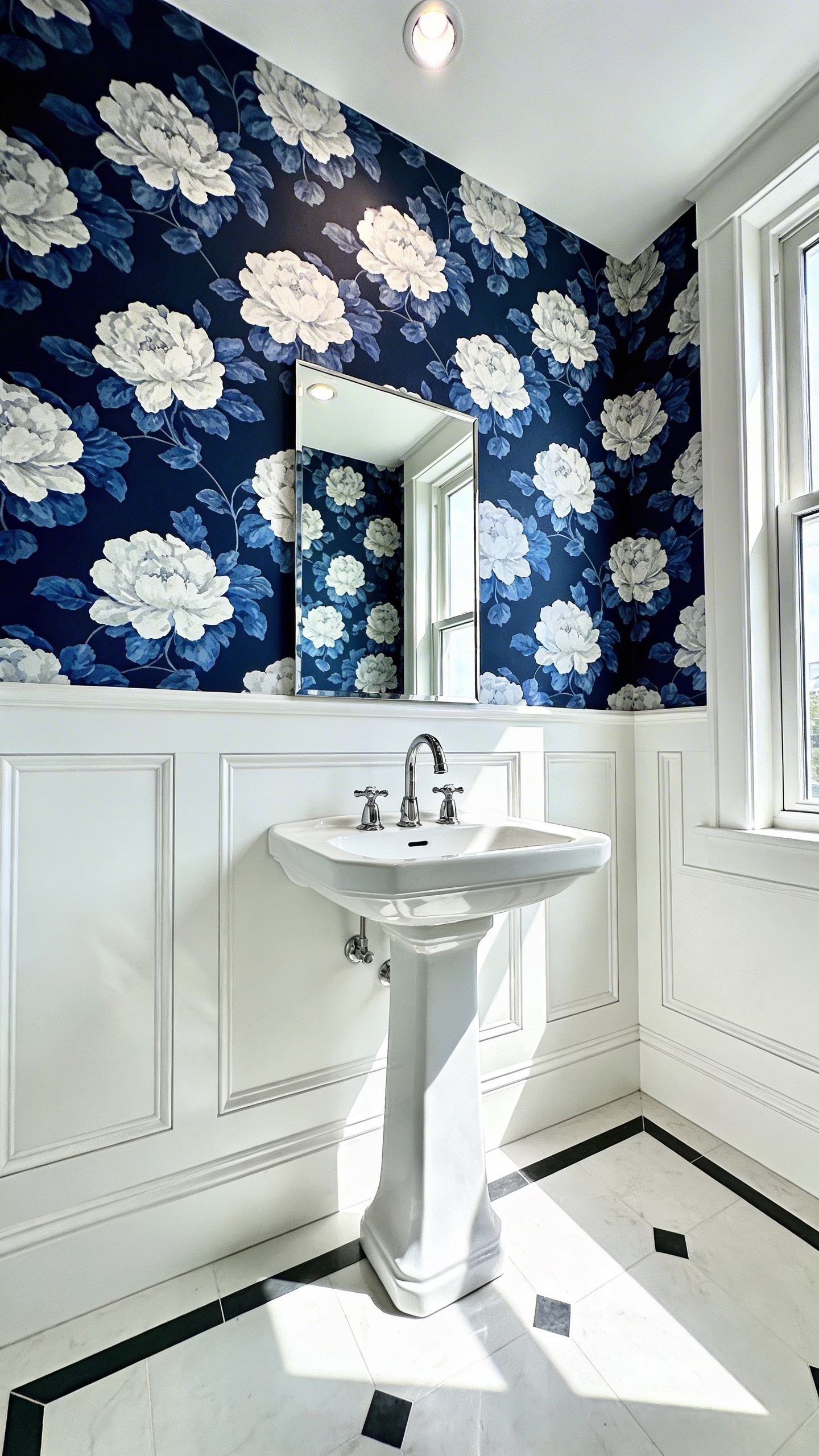 A bright bathroom featuring high-contrast navy and white floral wallpaper and white wainscoting for enhanced visual clarity and aging-in-place safety.