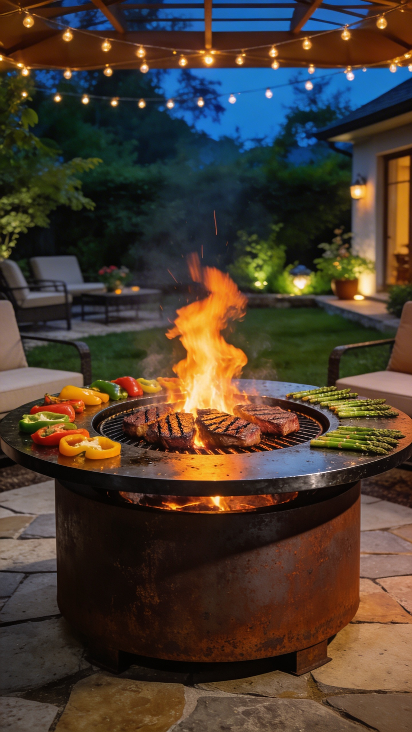 A luxury backyard hybrid fire pit with a circular steel griddle cooking steaks and vegetables over an open flame at night.
