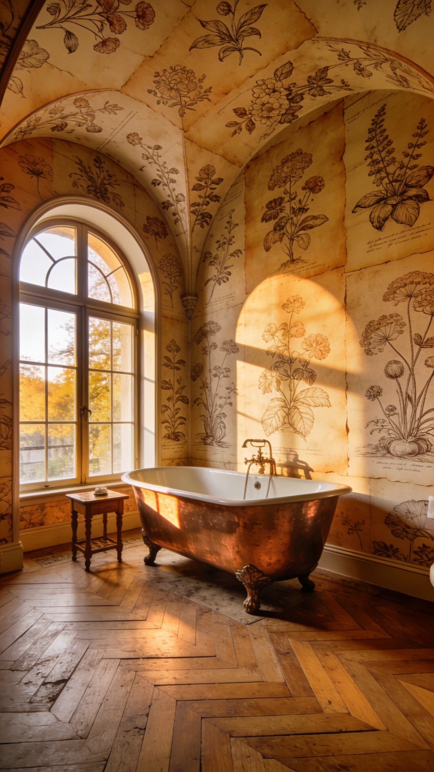 A luxury bathroom featuring vintage botanical sketch wallpaper and a copper clawfoot tub to create a spa-like jewel box aesthetic.