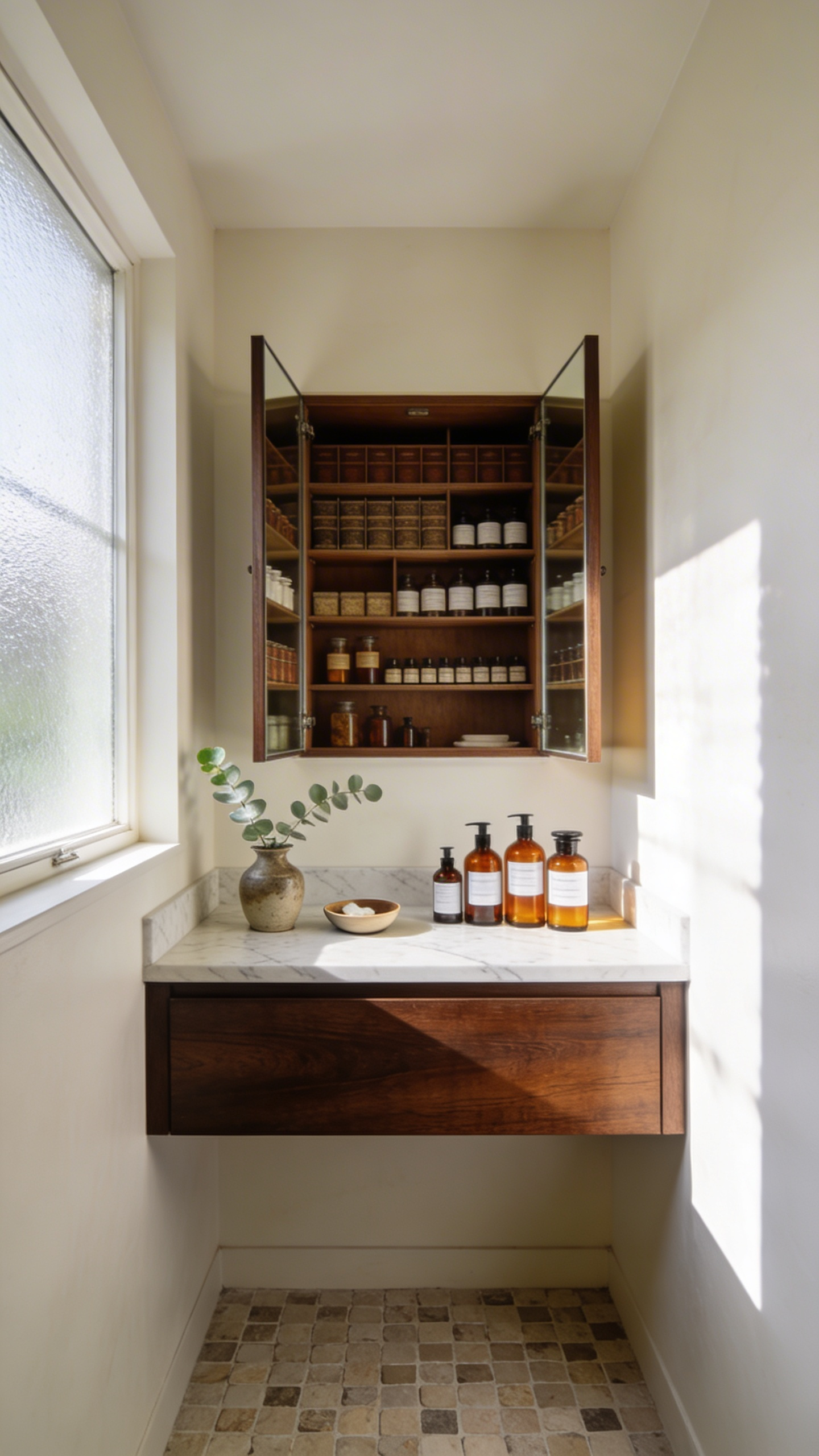 A small, organized bathroom featuring a dark wood vanity, amber glass apothecary bottles, and minimalist decor designed for mental clarity.