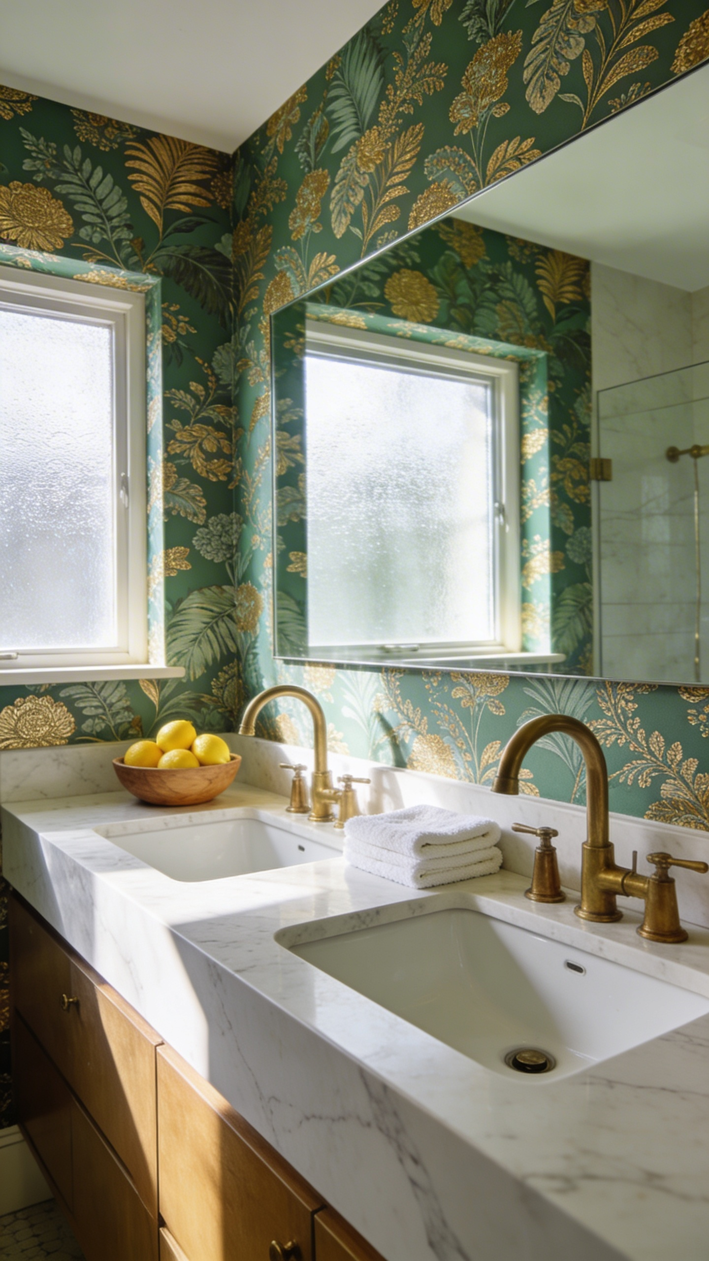 A luxury bathroom featuring intact botanical premium wallpaper, a marble vanity with brass fixtures, and natural cleaning elements like lemons and soft cloths.