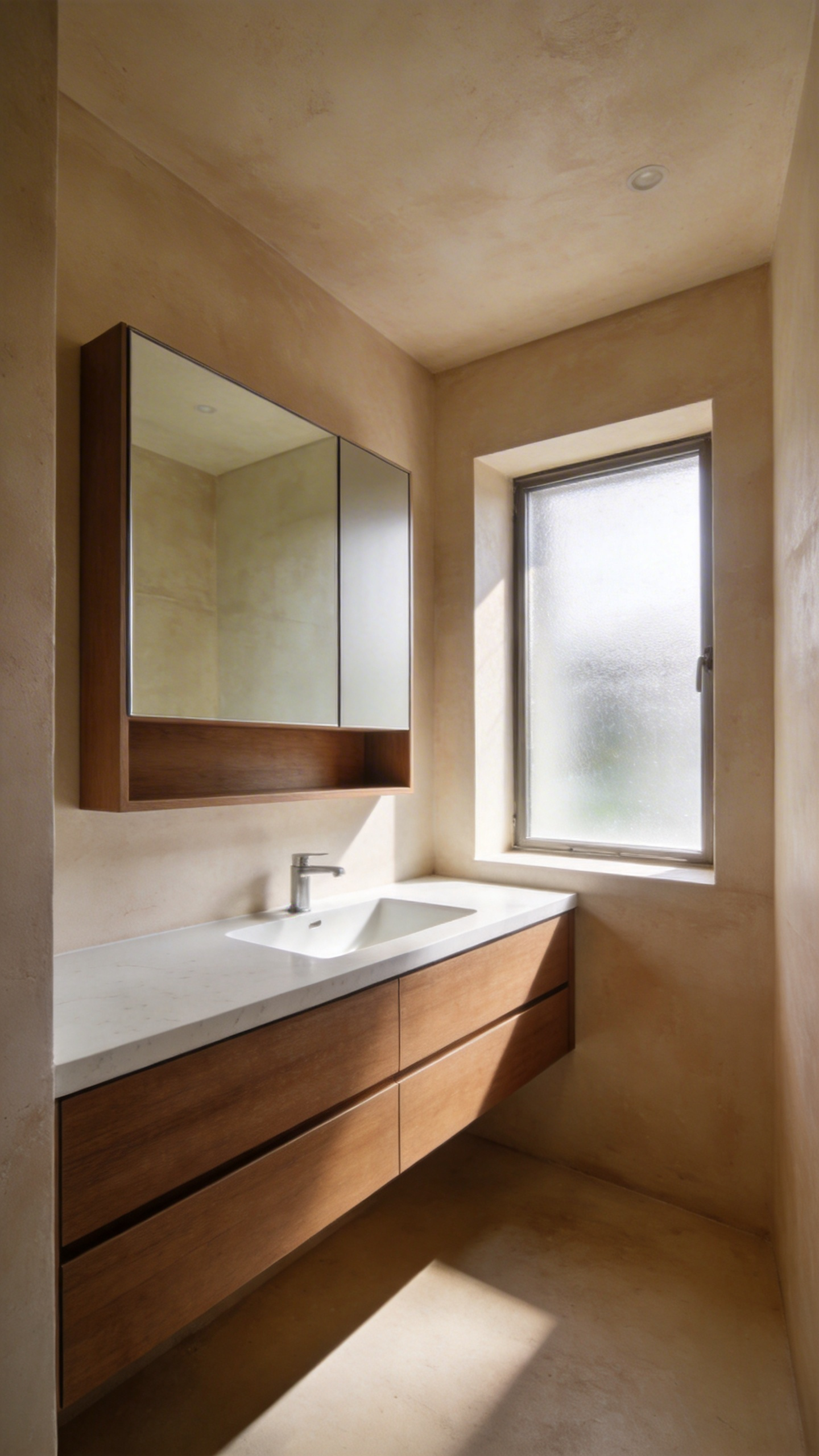 A clutter-free small bathroom featuring seamless wood cabinetry and a clear quartz countertop under soft natural light.