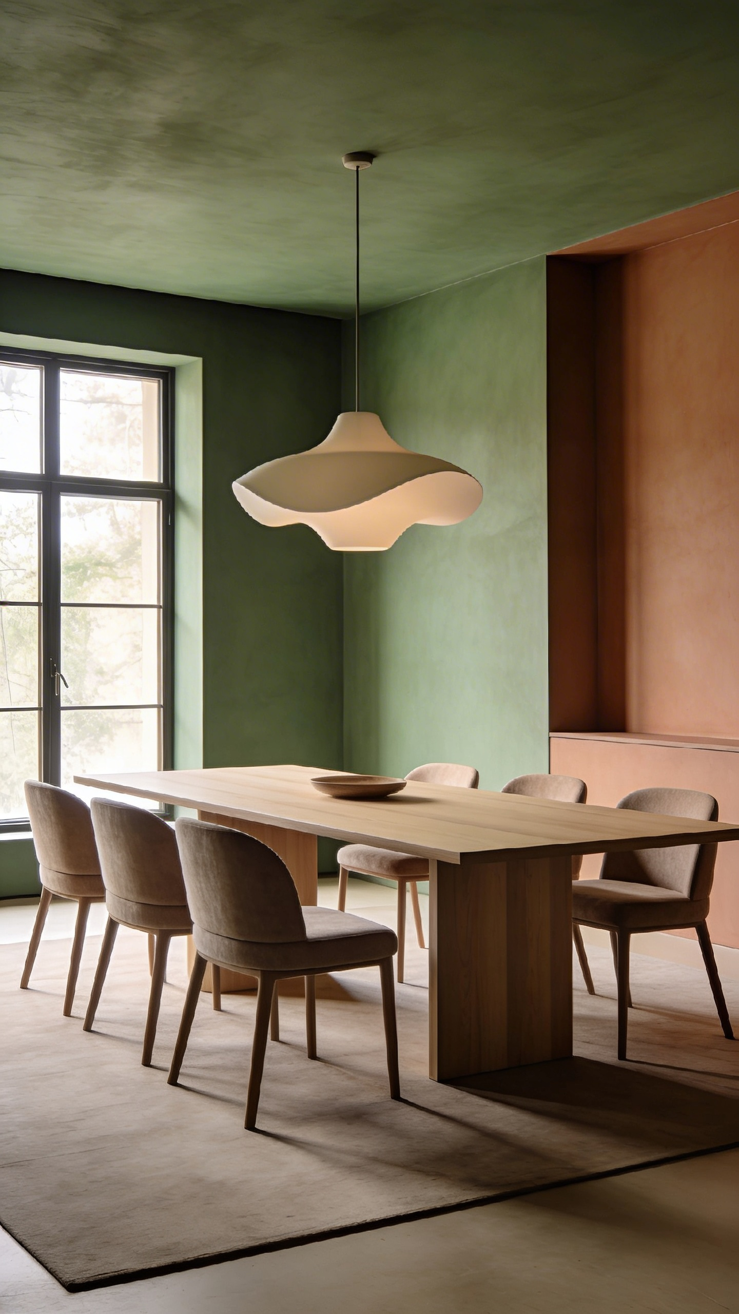 A minimalist modern dining room decorated in stress-reducing earth tones of muted green and clay with natural lighting.