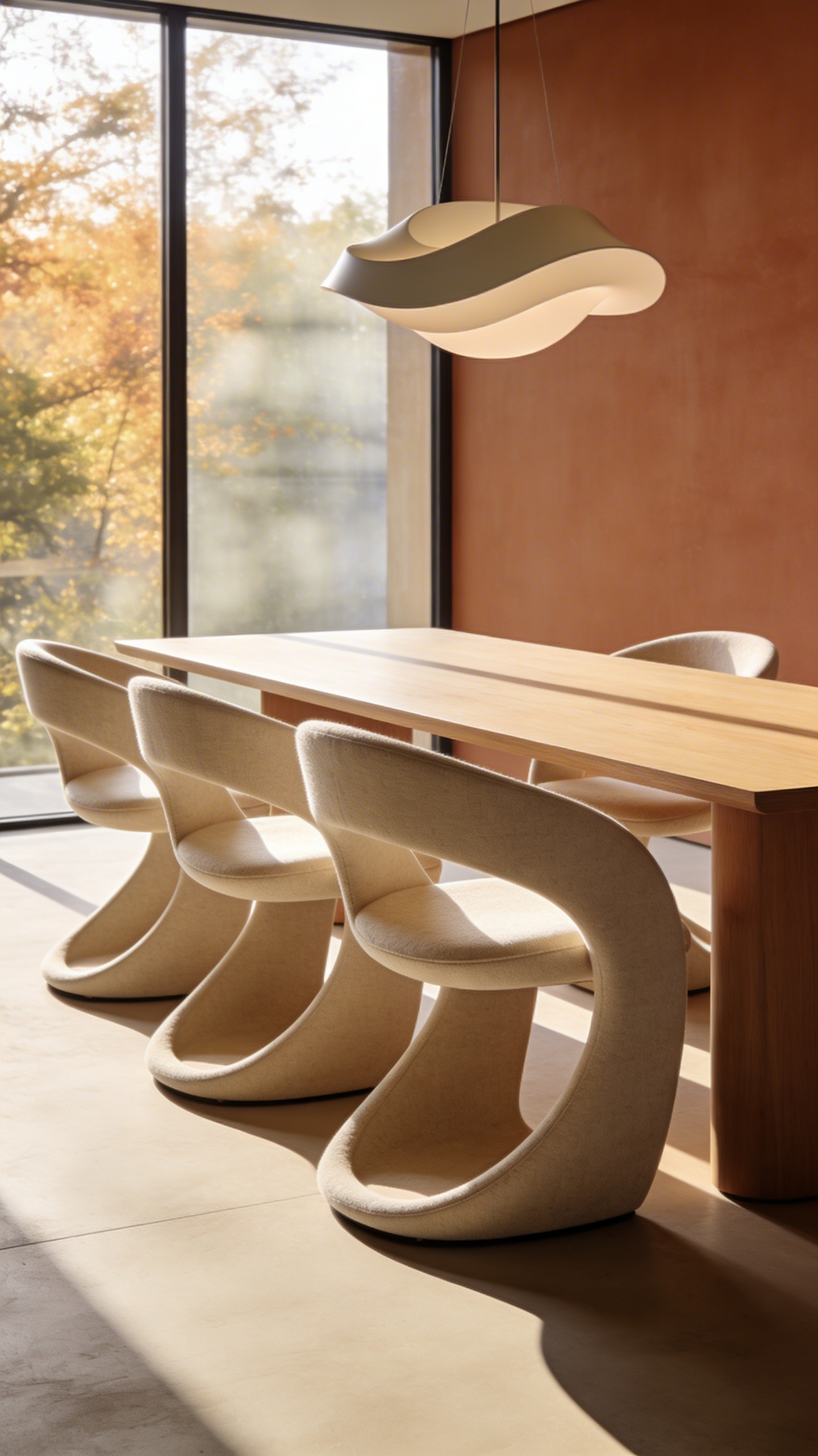 Modern dining room decoration featuring ergonomic chairs with curved wrap-around backrests around a wooden table.