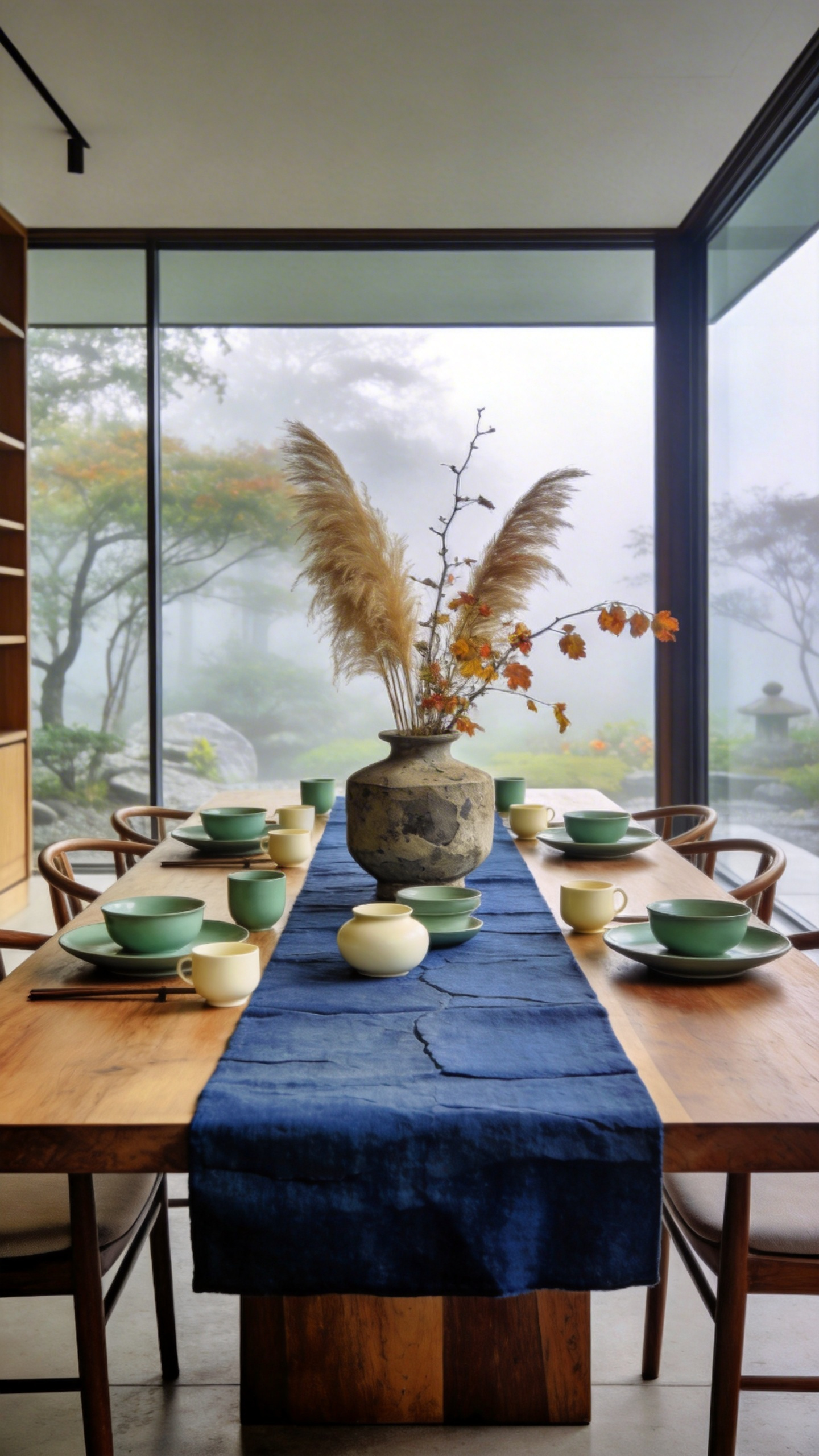 A modern dining room featuring minimalist seasonal decoration with stone-washed cotton linens and earthy ceramic accents.