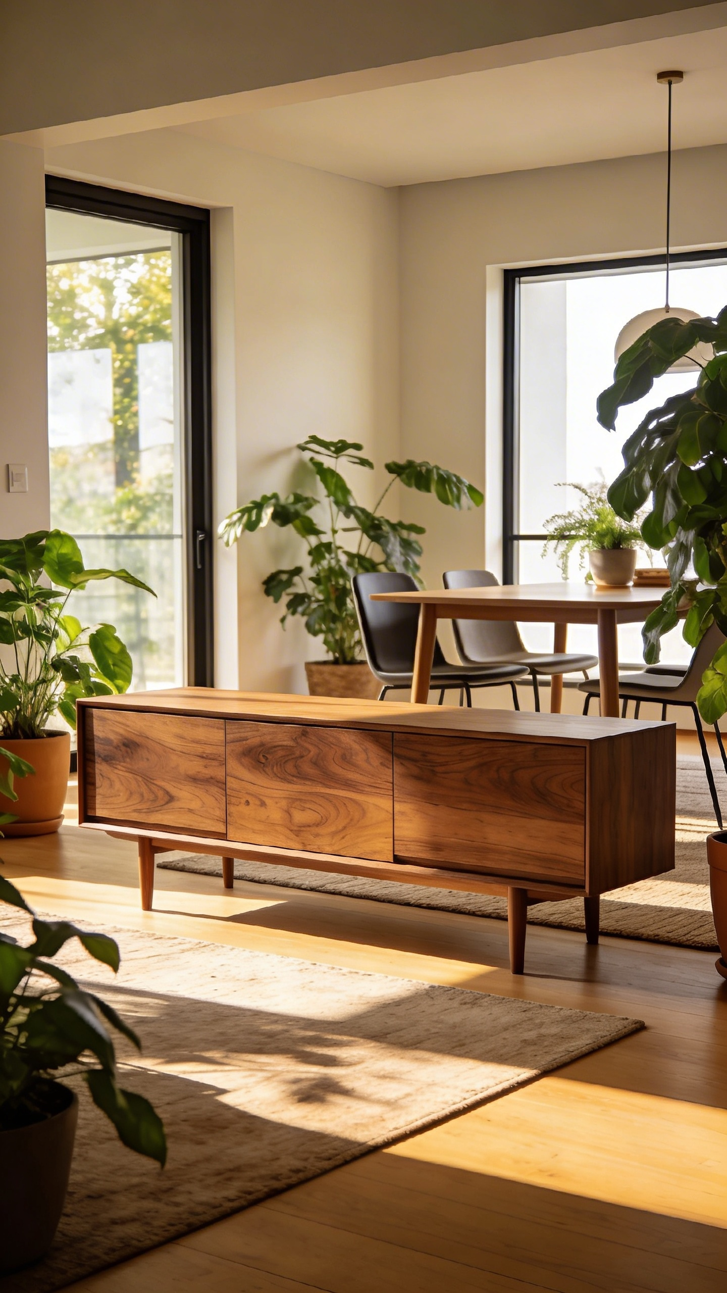 A modern dining room decorated with a sustainable solid wood credenza and indoor plants in a bright, sunlit space.