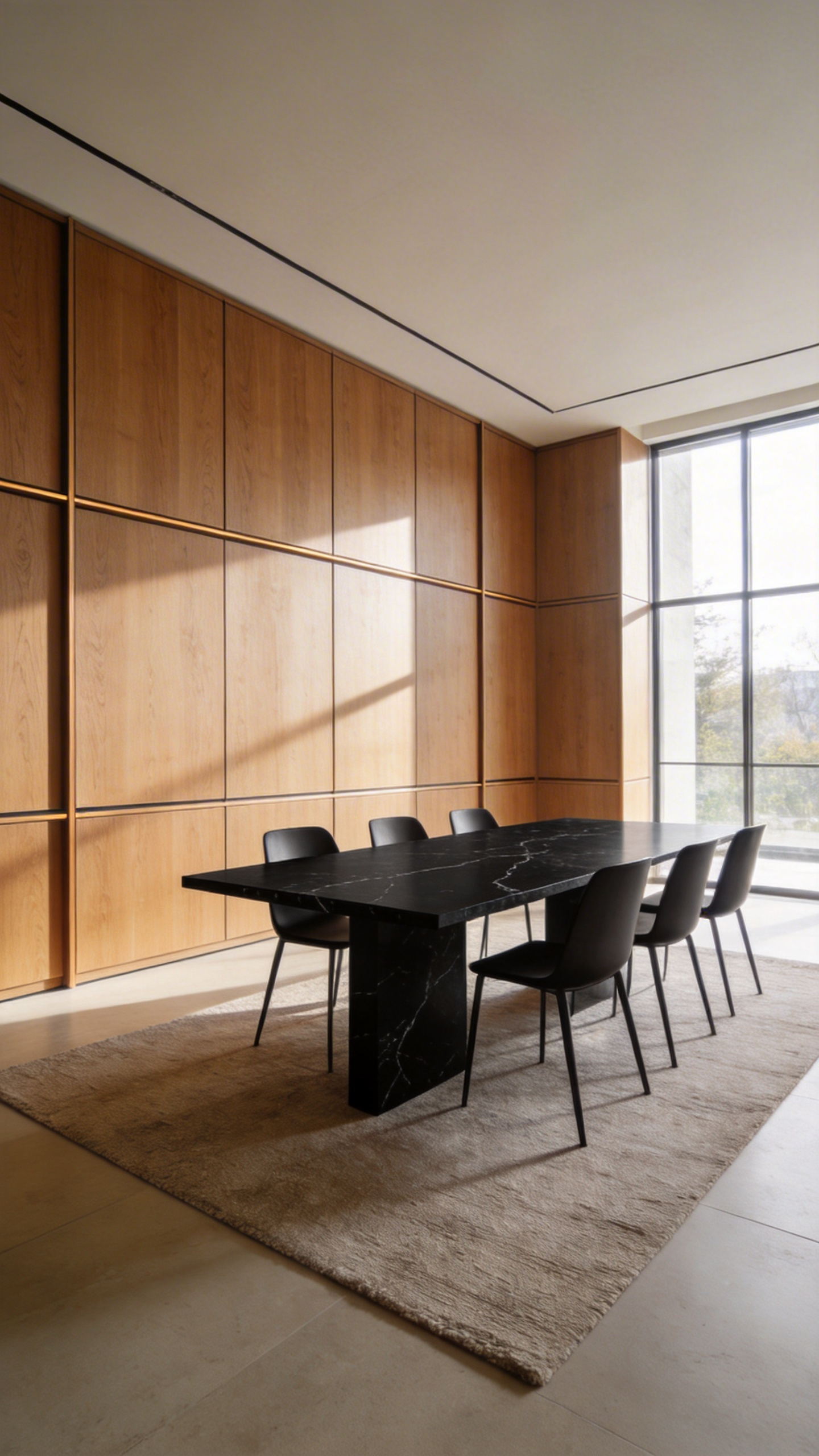 A modern dining room with seamless wood veneer storage walls and a minimalist black marble table in a bright, clutter-free space.