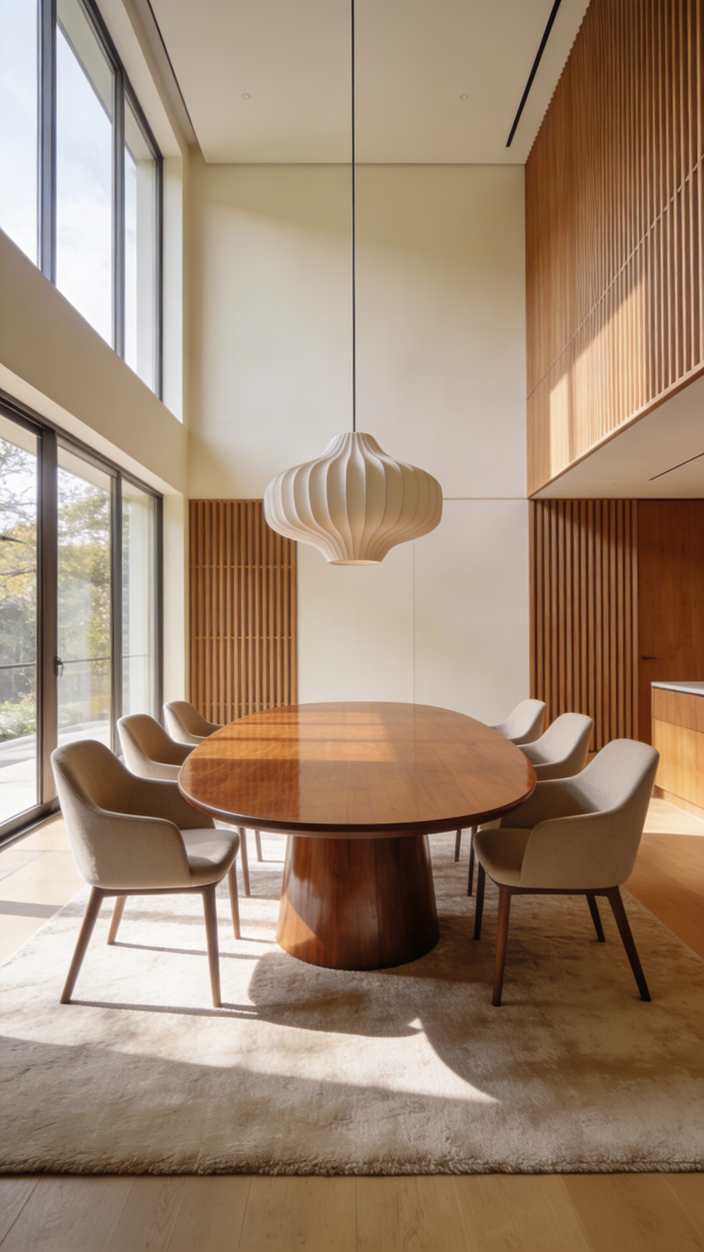 A modern dining room with an oval table and acoustic wood wall panels designed for mindful space planning and noise reduction.