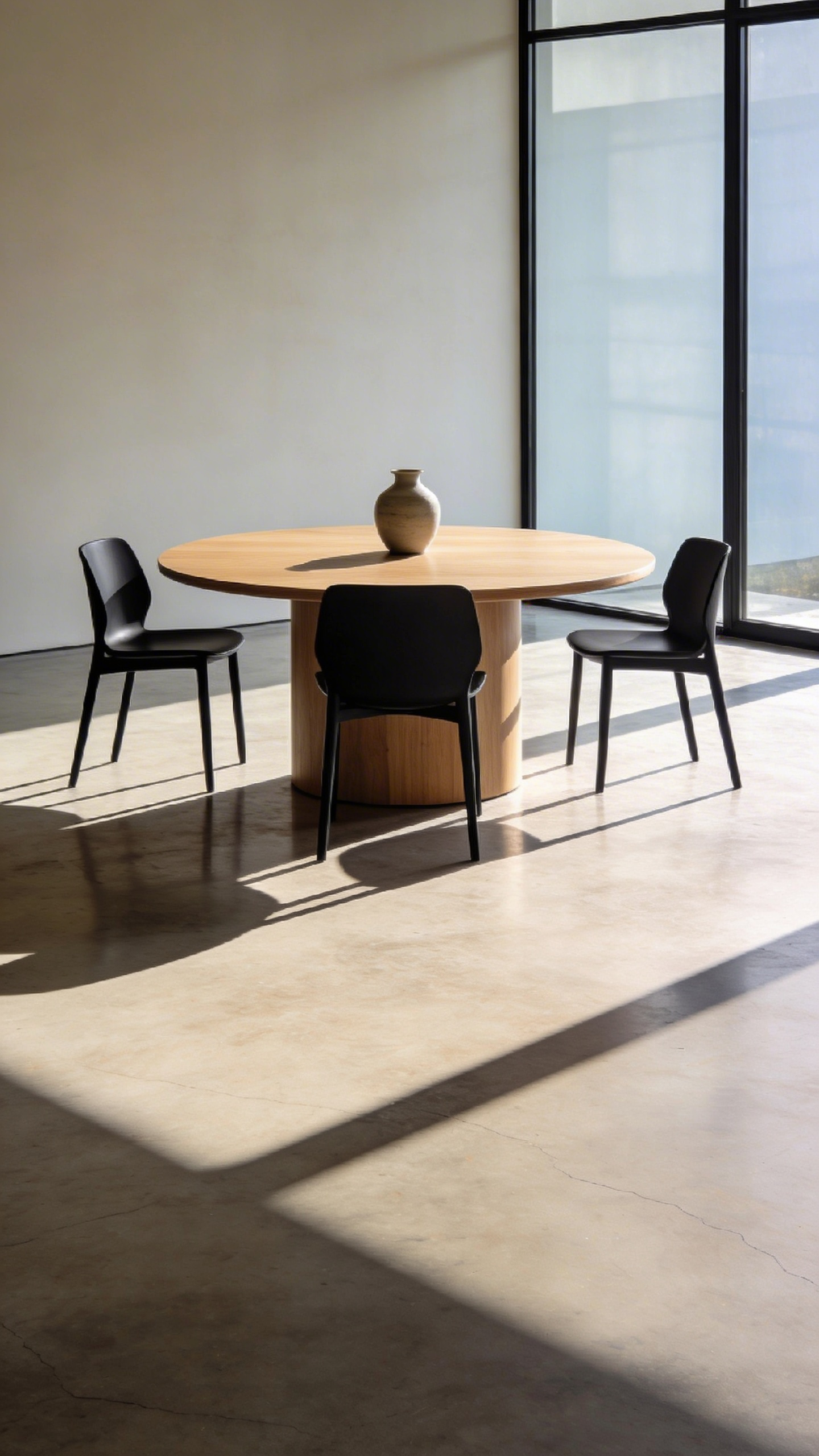 A spacious modern dining room with minimalist furniture and significant negative space around the table to promote mental clarity.