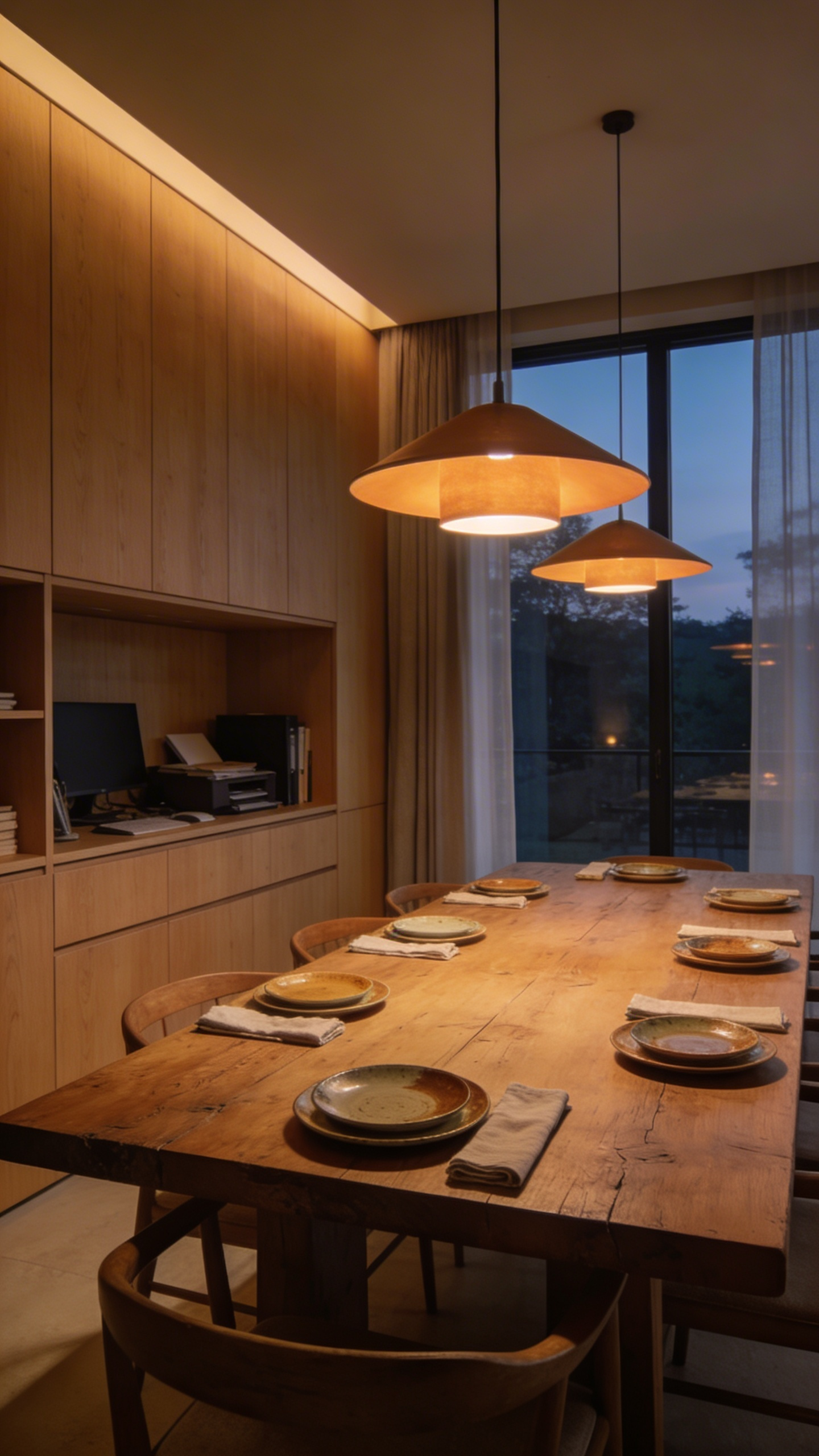A modern dining room with integrated wood cabinetry, a walnut table, and warm pendant lighting designed for mindful hosting.