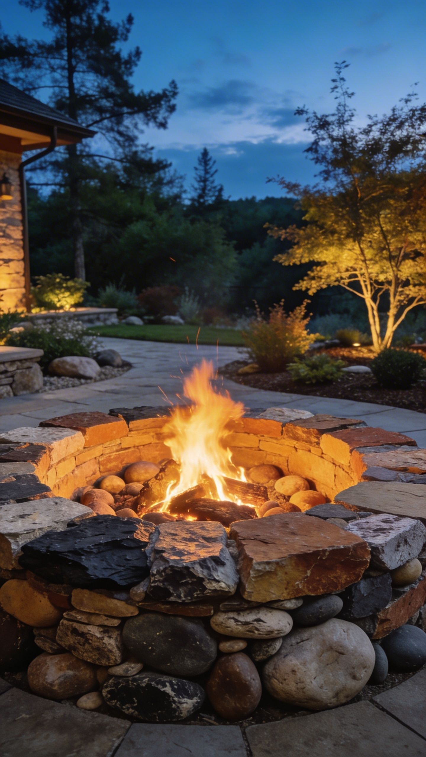 A large circular firepit made of natural fieldstone and volcanic rock anchored in a professionally landscaped backyard at dusk.