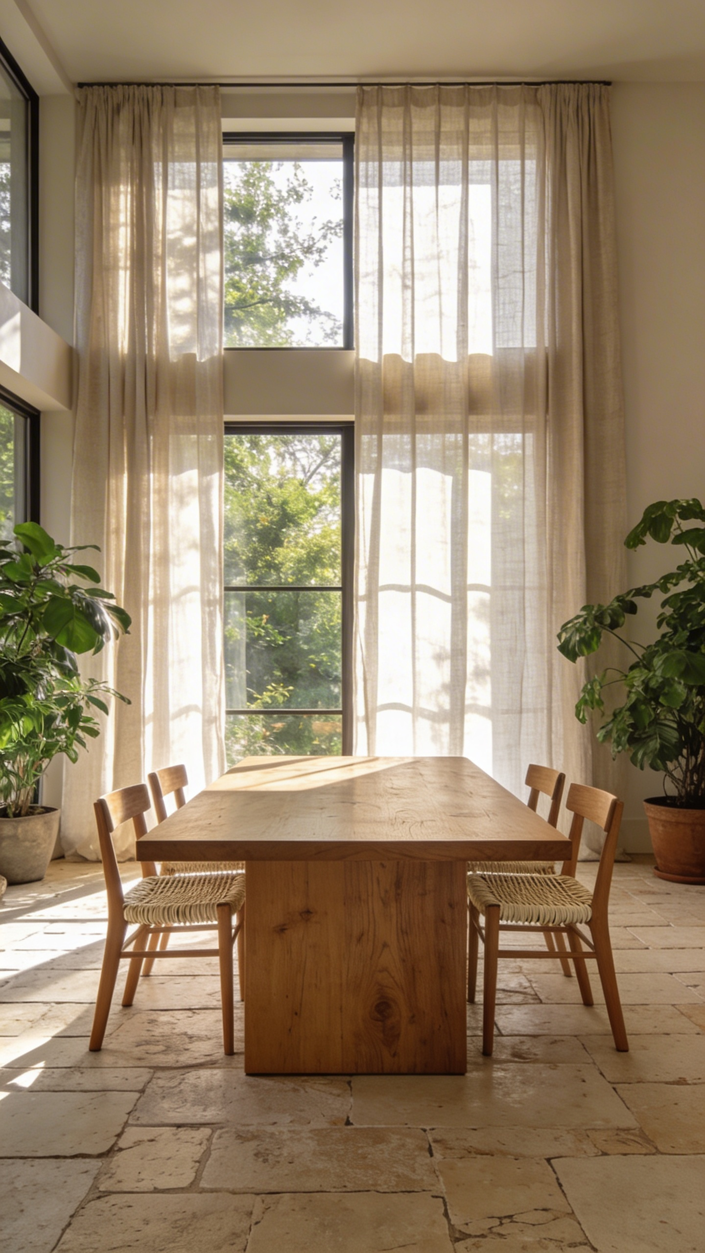 A bright and airy organic modern dining room featuring a solid wood table and woven chairs designed with non-toxic materials for a healthy home.