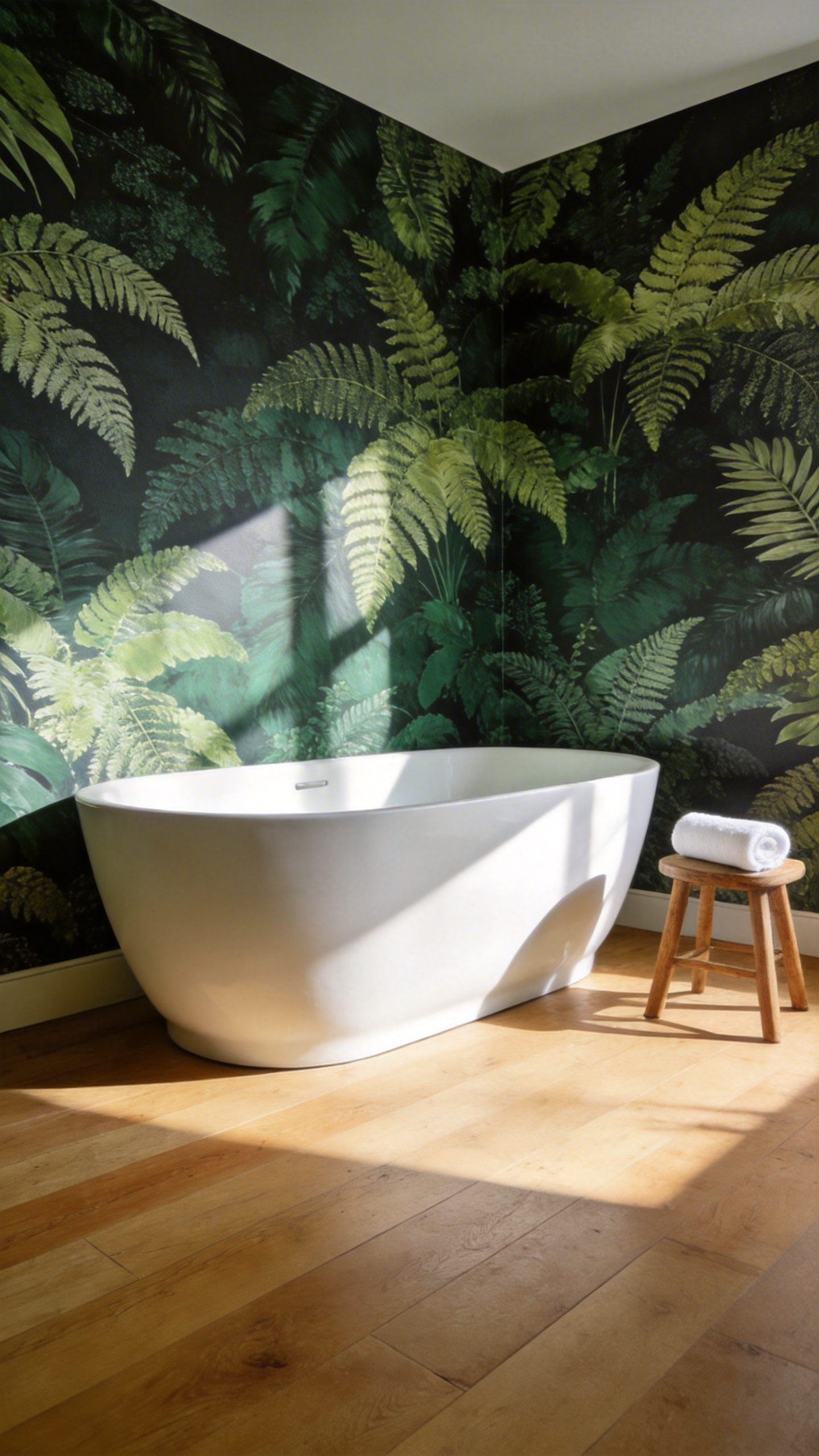 A luxurious bathroom featuring a modern soaking tub against a wall of intricate green botanical wallpaper, illustrating biophilic design and restorative aesthetics.