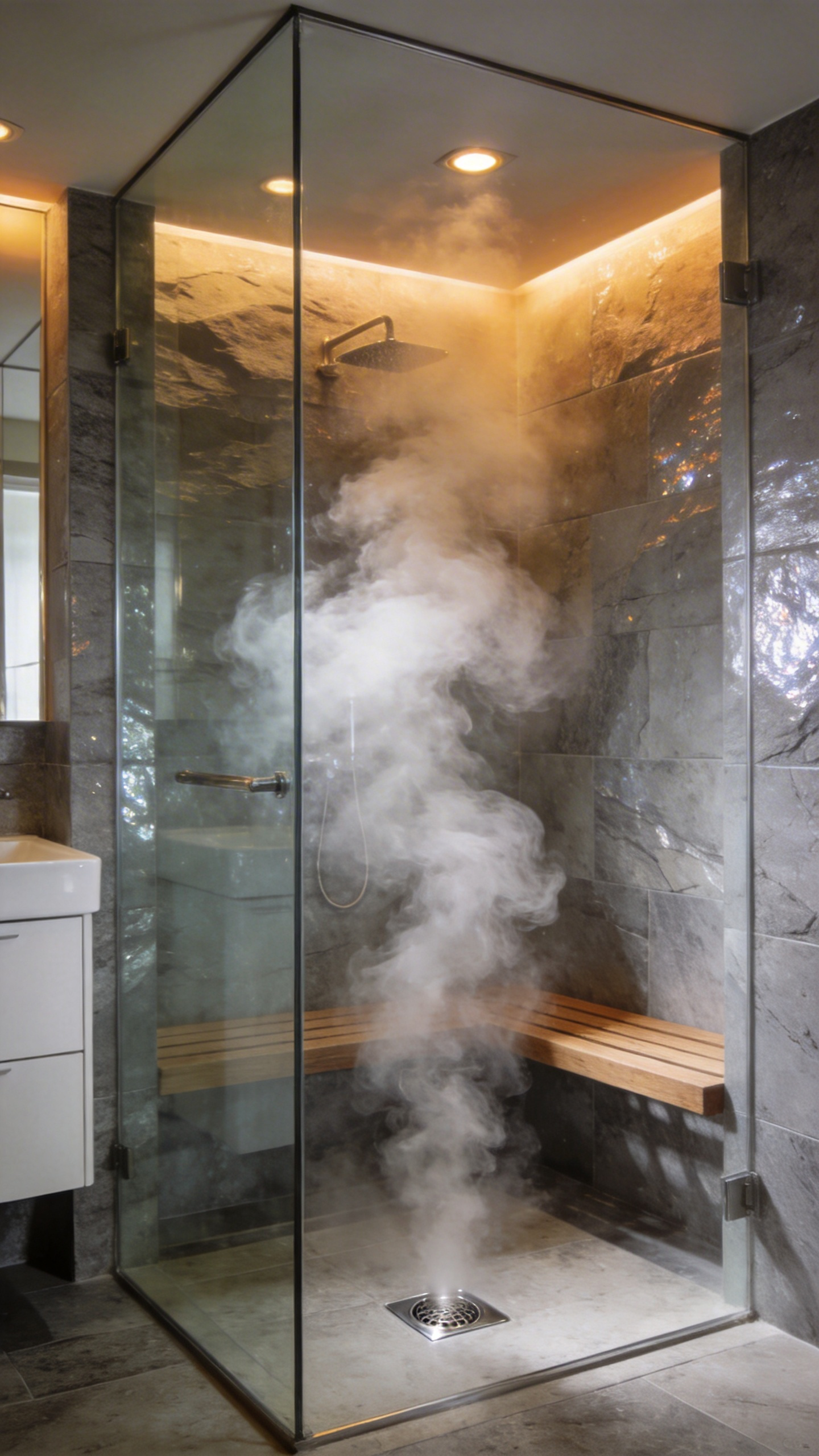 A modern small bathroom interior featuring a glass steam shower with dense vapor rising from a floor-level vent.