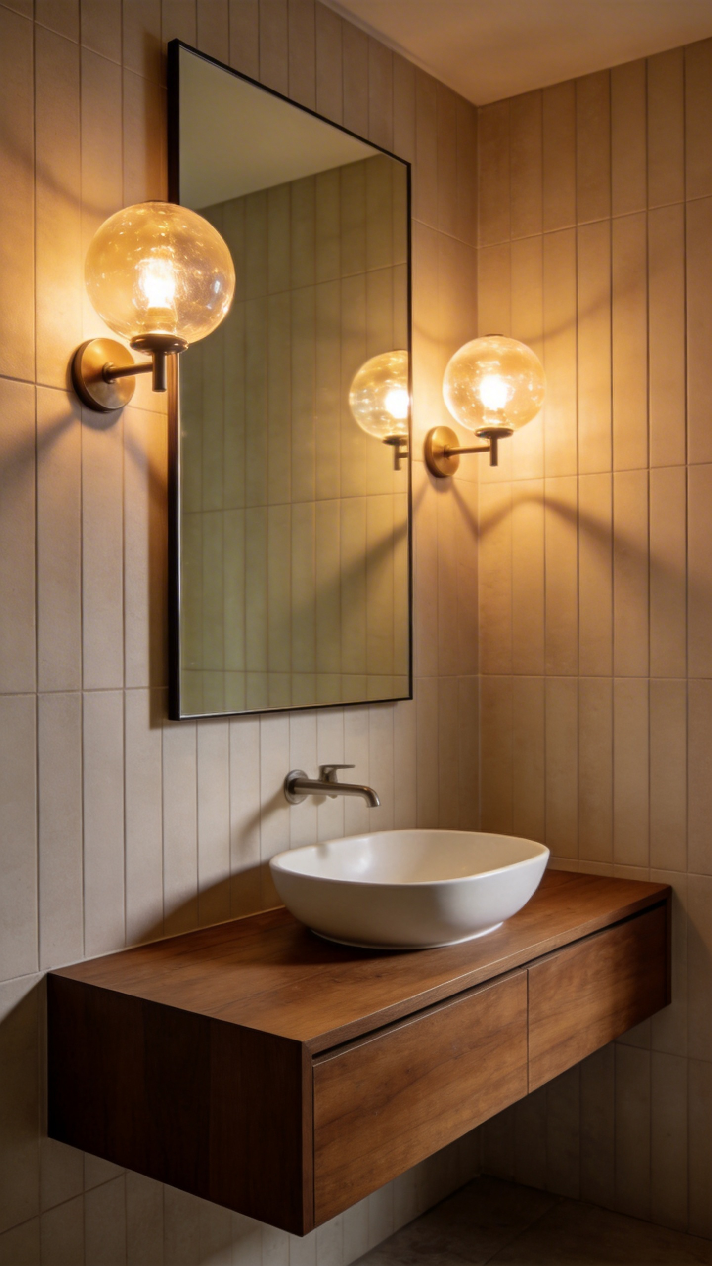 A small modern bathroom featuring warm face-level wall sconces on either side of a mirror to provide soft glare-free lighting for circadian health.